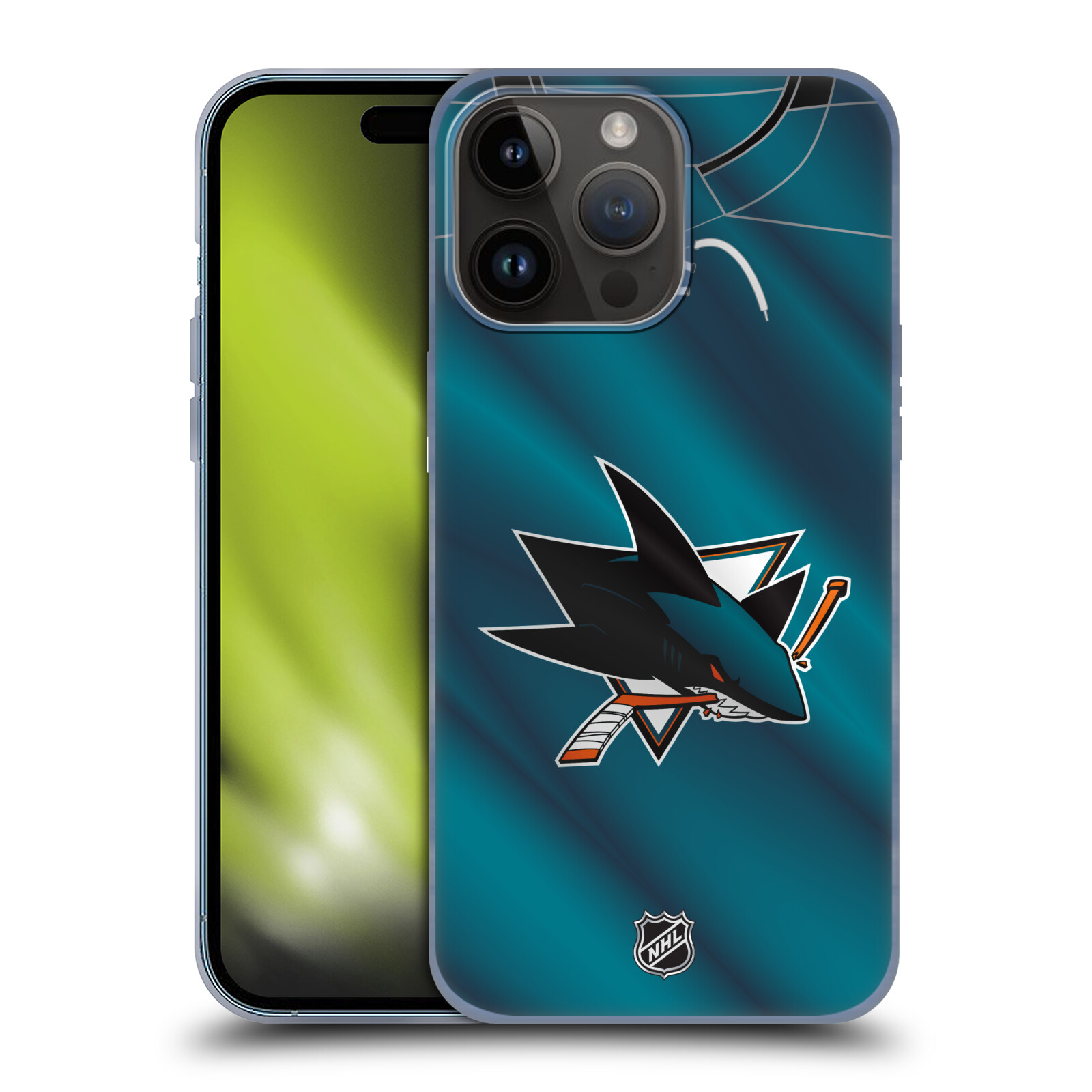 Silikonové lesklé pouzdro na mobil Apple iPhone 15 Pro Max - NHL - Dres San Jose Sharks (Silikonový lesklý kryt, obal, pouzdro na mobilní telefon Apple iPhone 15 Pro Max s licencovaným motivem NHL - Dres San Jose Sharks)