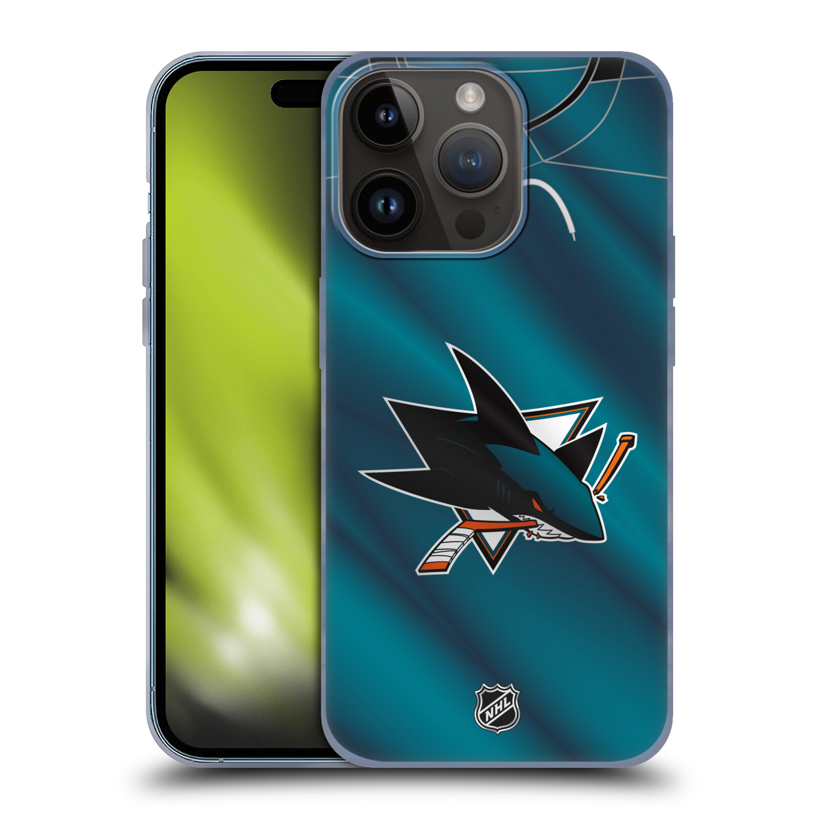 Silikonové lesklé pouzdro na mobil Apple iPhone 15 Pro - NHL - Dres San Jose Sharks (Silikonový lesklý kryt, obal, pouzdro na mobilní telefon Apple iPhone 15 Pro s licencovaným motivem NHL - Dres San Jose Sharks)