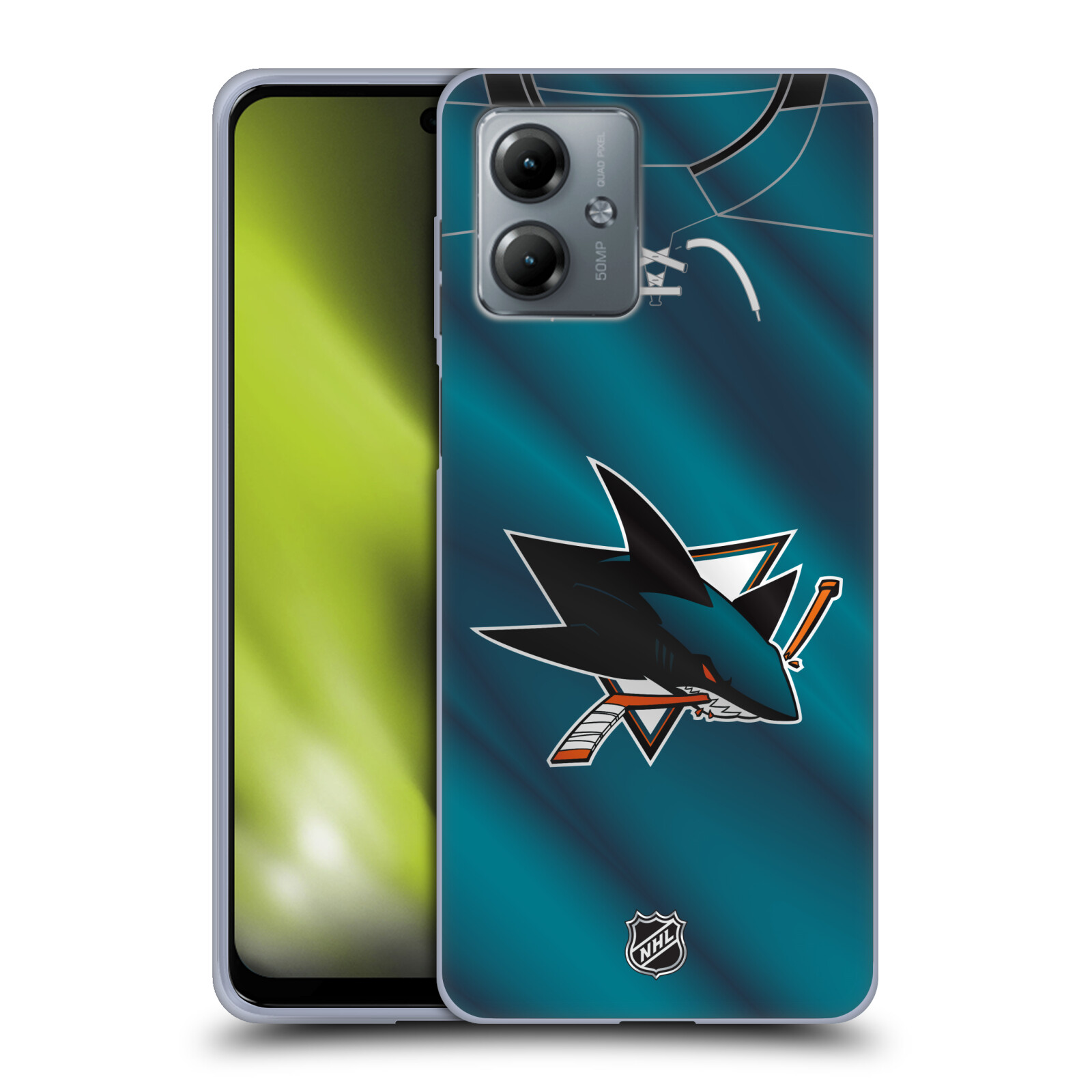 Silikonové pouzdro na mobil Motorola Moto G14 - NHL - Dres San Jose Sharks (Silikonový kryt, obal, pouzdro na mobilní telefon Motorola Moto G14 s licencovaným motivem NHL - Dres San Jose Sharks)