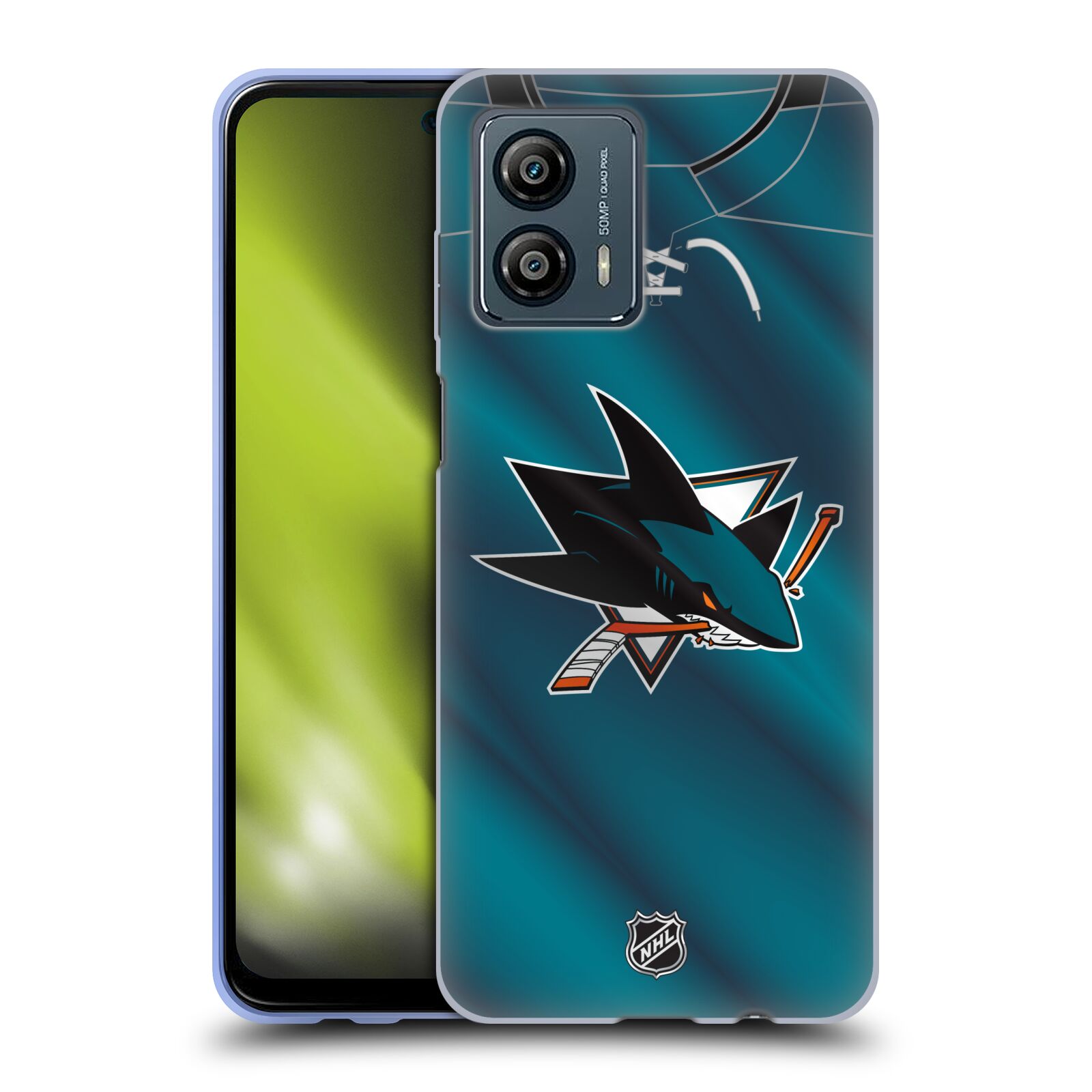 Silikonové pouzdro na mobil Motorola Moto G53 5G - NHL - Dres San Jose Sharks (Silikonový kryt, obal, pouzdro na mobilní telefon Motorola Moto G53 5G s licencovaným motivem NHL - Dres San Jose Sharks)
