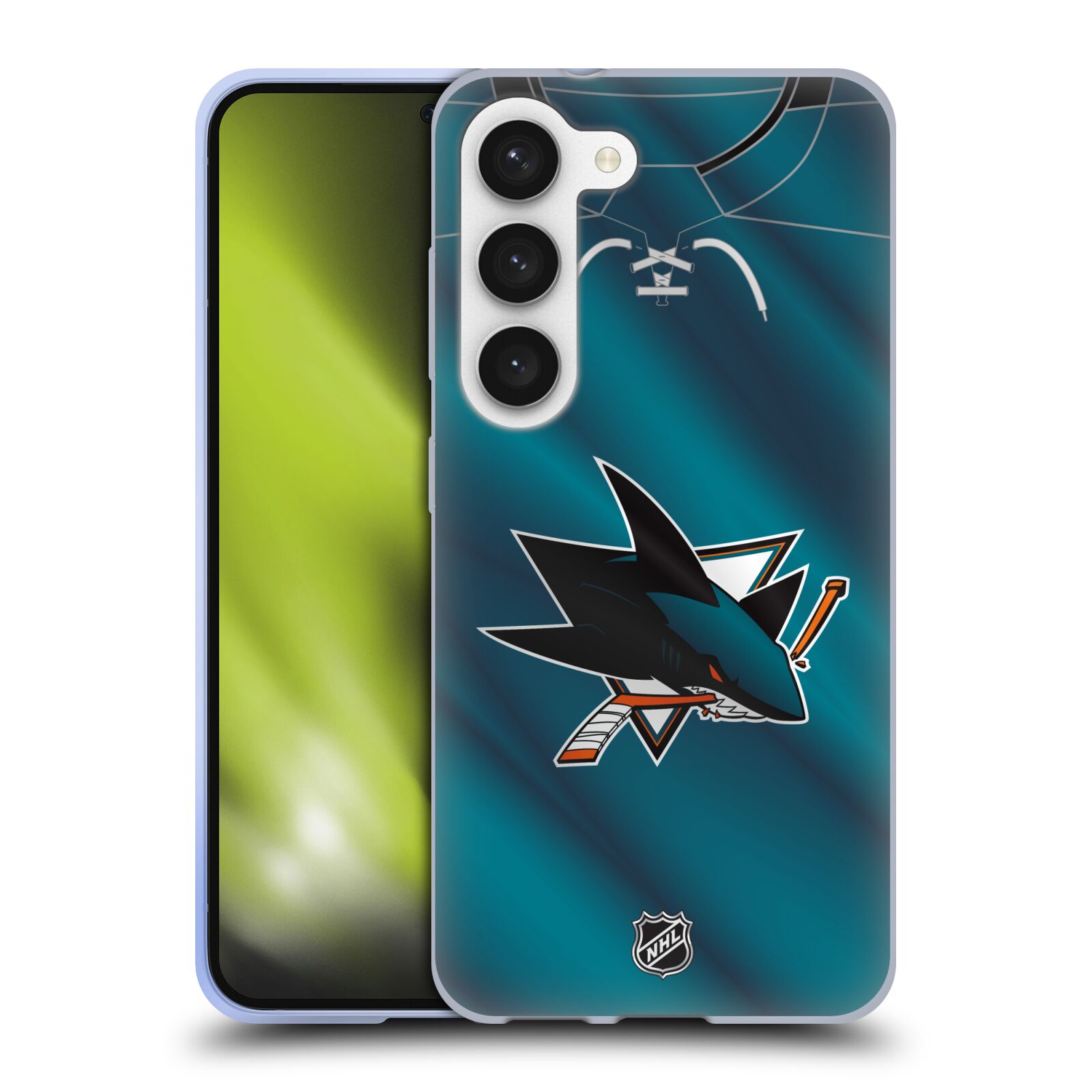Silikonové pouzdro na mobil Samsung Galaxy S23 - NHL - Dres San Jose Sharks (Silikonový kryt, obal, pouzdro na mobilní telefon Samsung Galaxy S23 s licencovaným motivem NHL - Dres San Jose Sharks)