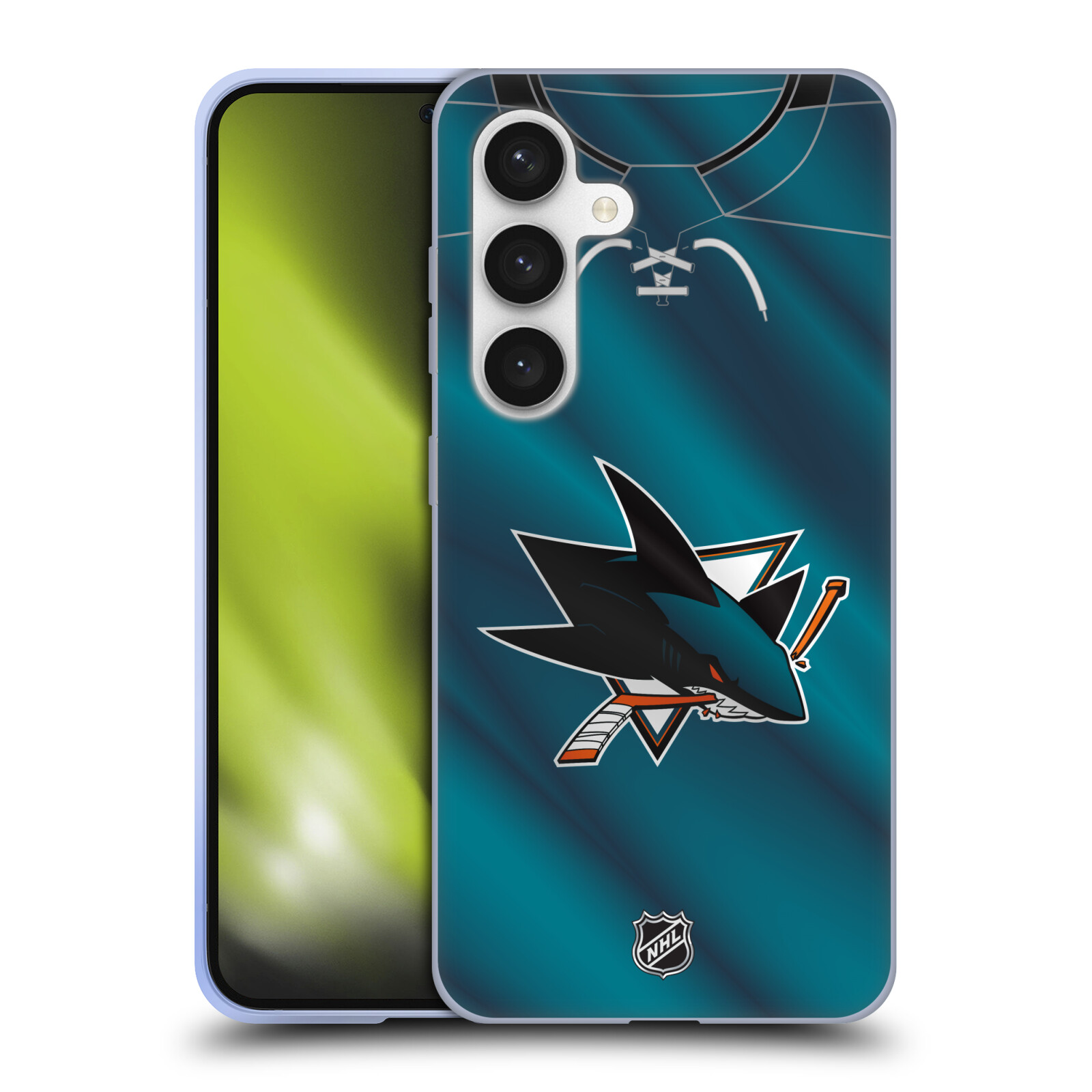 Silikonové lesklé pouzdro na mobil Samsung Galaxy S24 - NHL - Dres San Jose Sharks (Silikonový kryt, obal, pouzdro na mobilní telefon Samsung Galaxy S24 s licencovaným motivem NHL - Dres San Jose Sharks)