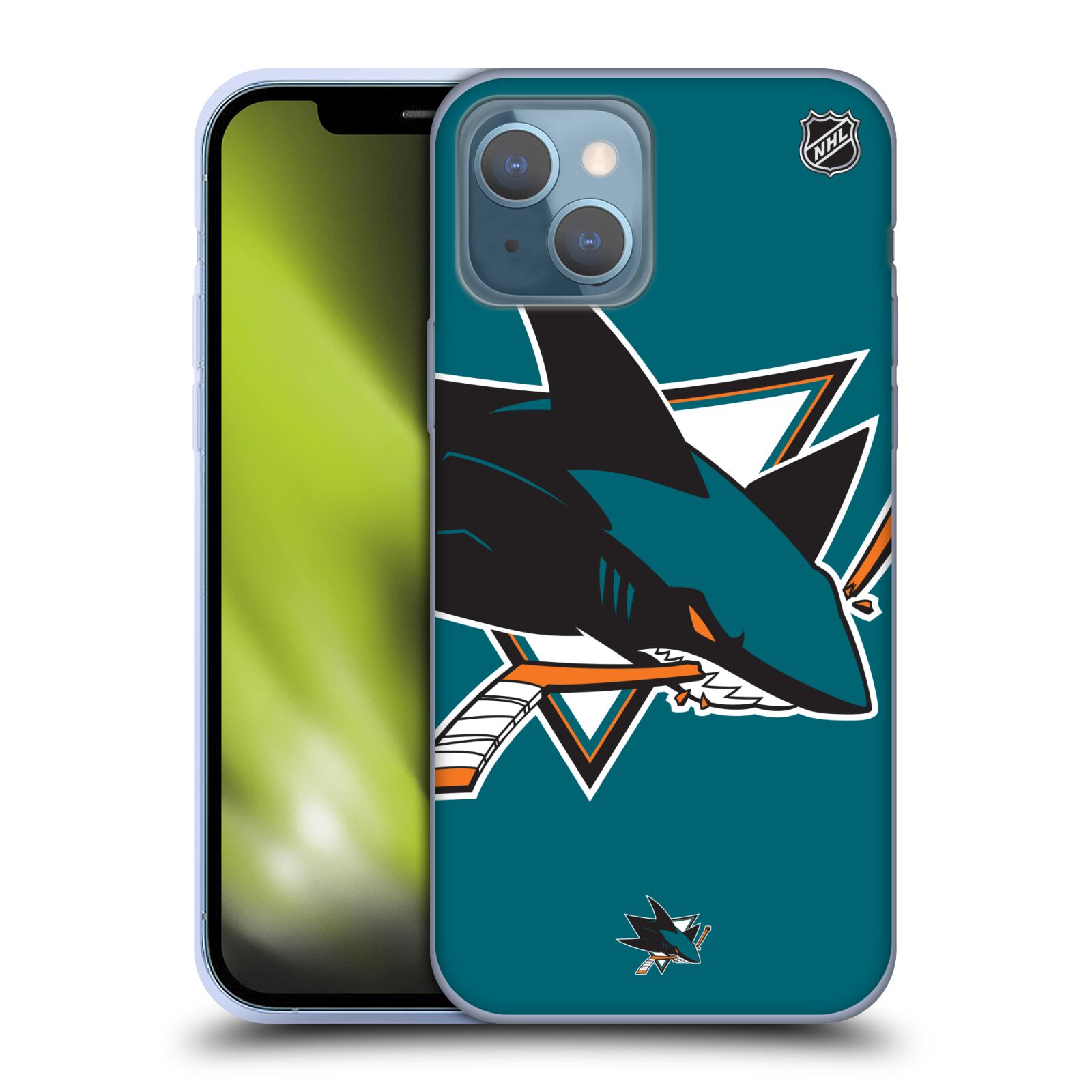 Silikonové pouzdro na mobil Apple iPhone 13 - NHL - Velké logo San Jose Sharks (Silikonový kryt, obal, pouzdro na mobilní telefon Apple iPhone 13 s licencovaným motivem NHL - Velké logo San Jose Sharks)