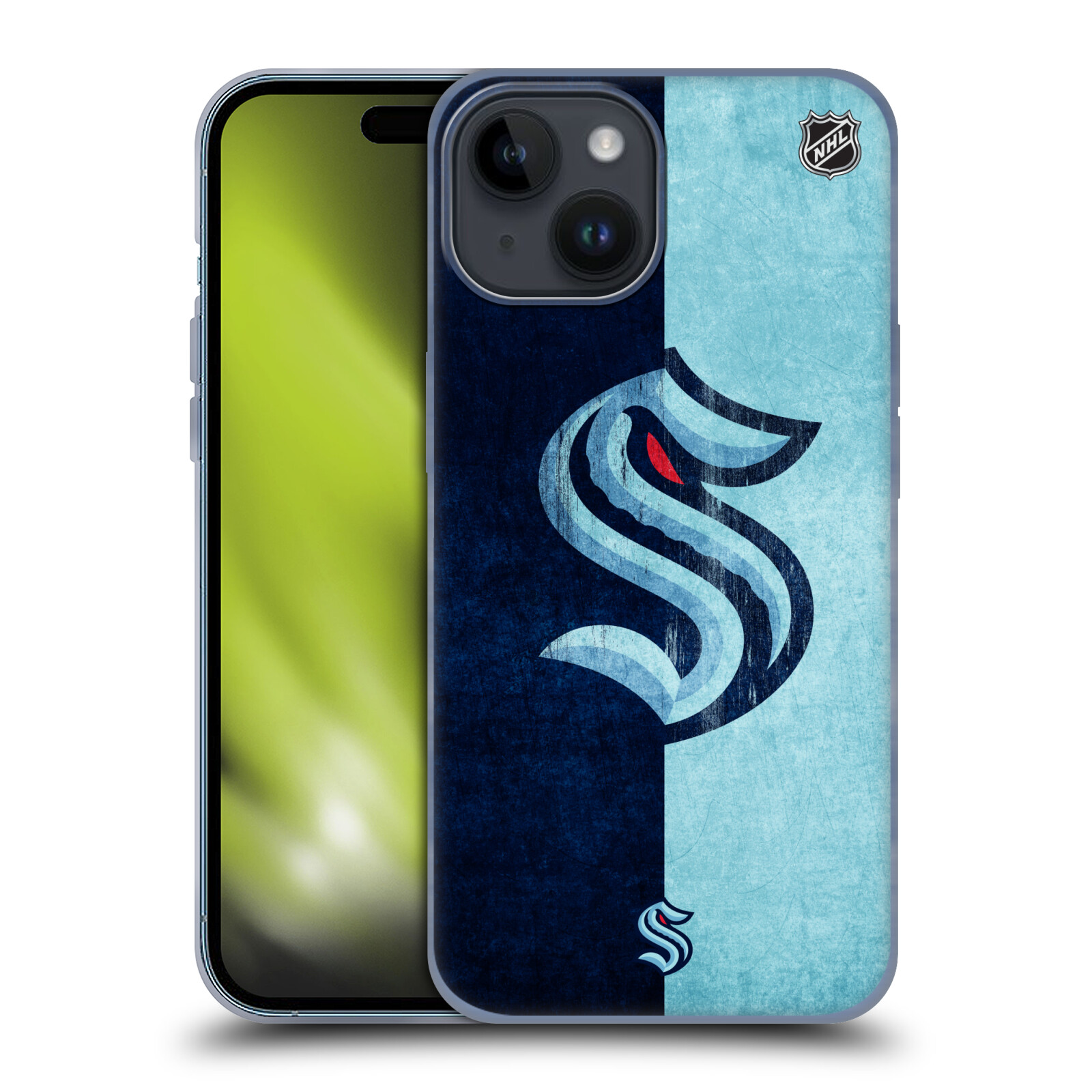 Silikonové lesklé pouzdro na mobil Apple iPhone 15 - NHL - Půlené logo Seattle Kraken (Silikonový lesklý kryt, obal, pouzdro na mobilní telefon Apple iPhone 15 s licencovaným motivem NHL - Půlené logo Seattle Kraken)