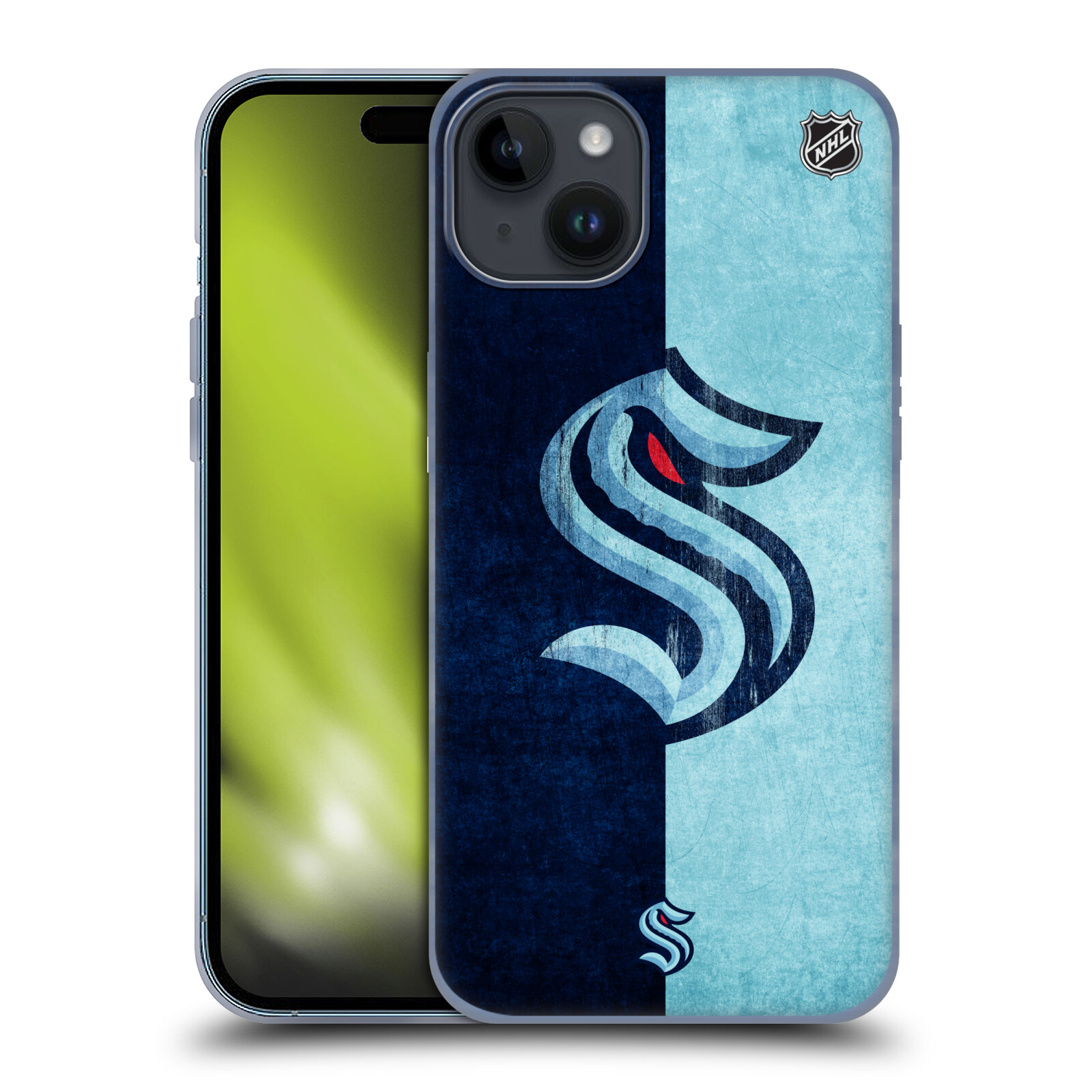 Silikonové lesklé pouzdro na mobil Apple iPhone 15 Plus - NHL - Půlené logo Seattle Kraken (Silikonový lesklý kryt, obal, pouzdro na mobilní telefon Apple iPhone 15 Plus s licencovaným motivem NHL - Půlené logo Seattle Kraken)