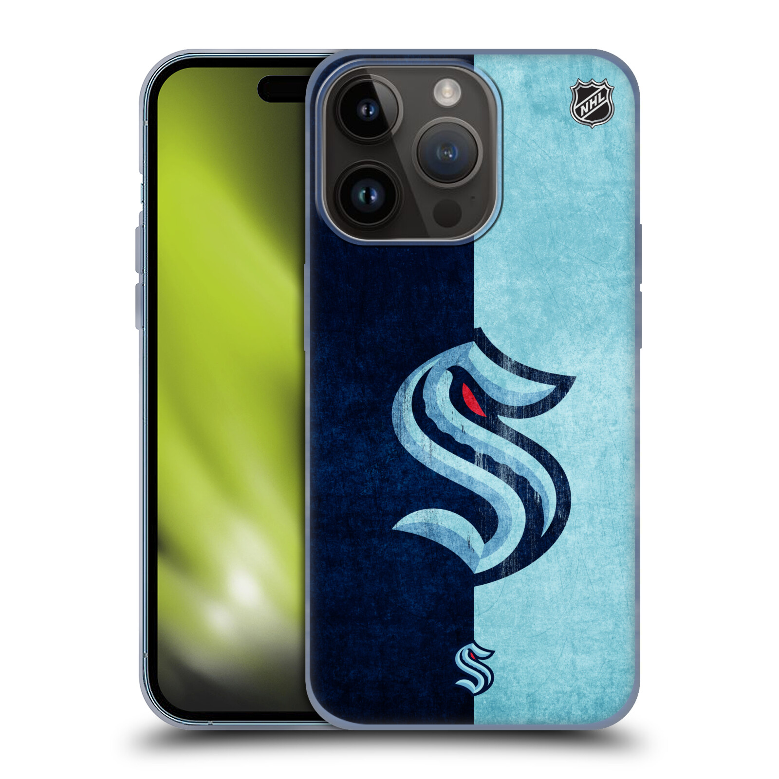 Silikonové lesklé pouzdro na mobil Apple iPhone 15 Pro - NHL - Půlené logo Seattle Kraken (Silikonový lesklý kryt, obal, pouzdro na mobilní telefon Apple iPhone 15 Pro s licencovaným motivem NHL - Půlené logo Seattle Kraken)