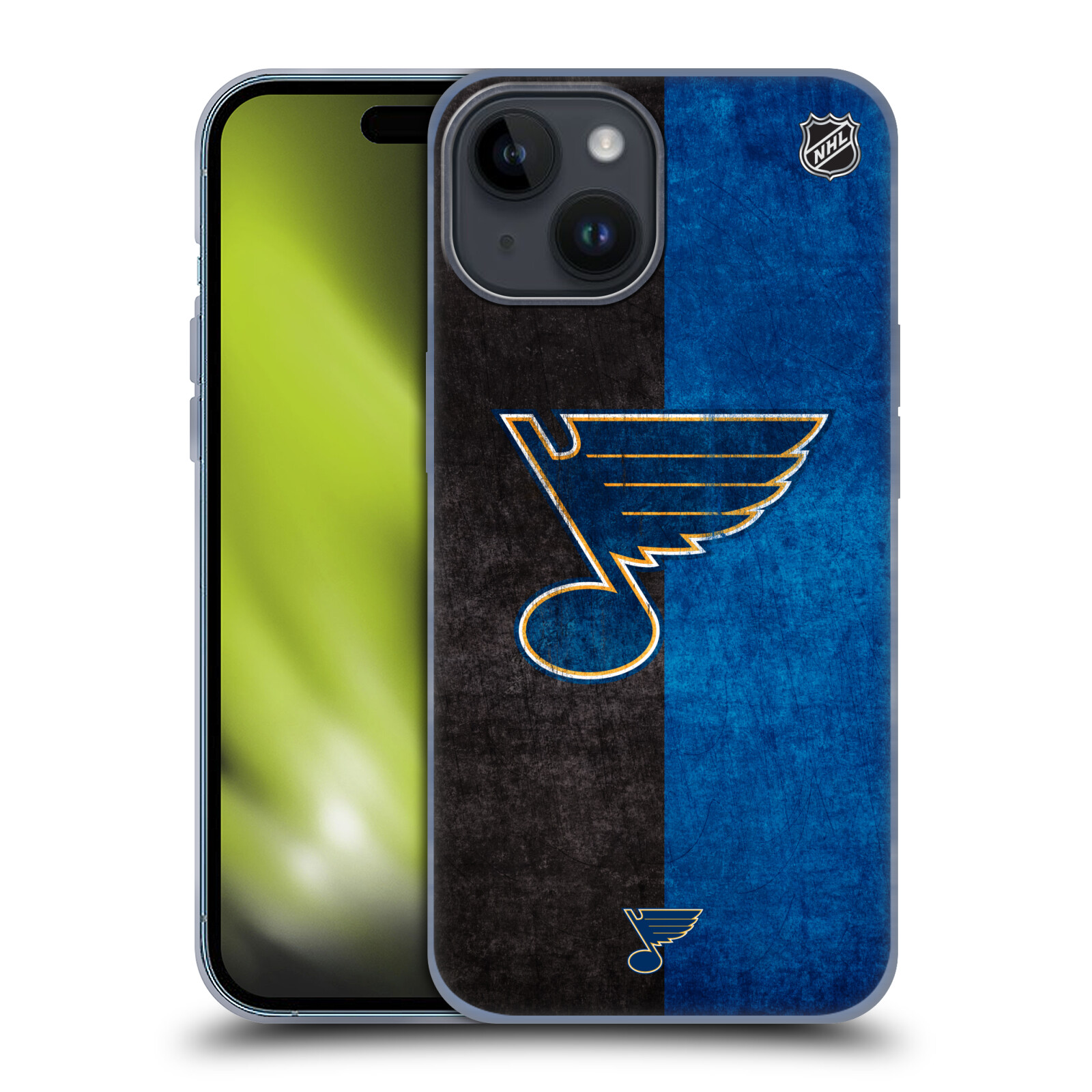 Silikonové lesklé pouzdro na mobil Apple iPhone 15 - NHL - Půlené logo St Louis Blues (Silikonový lesklý kryt, obal, pouzdro na mobilní telefon Apple iPhone 15 s licencovaným motivem NHL - Půlené logo St Louis Blues)