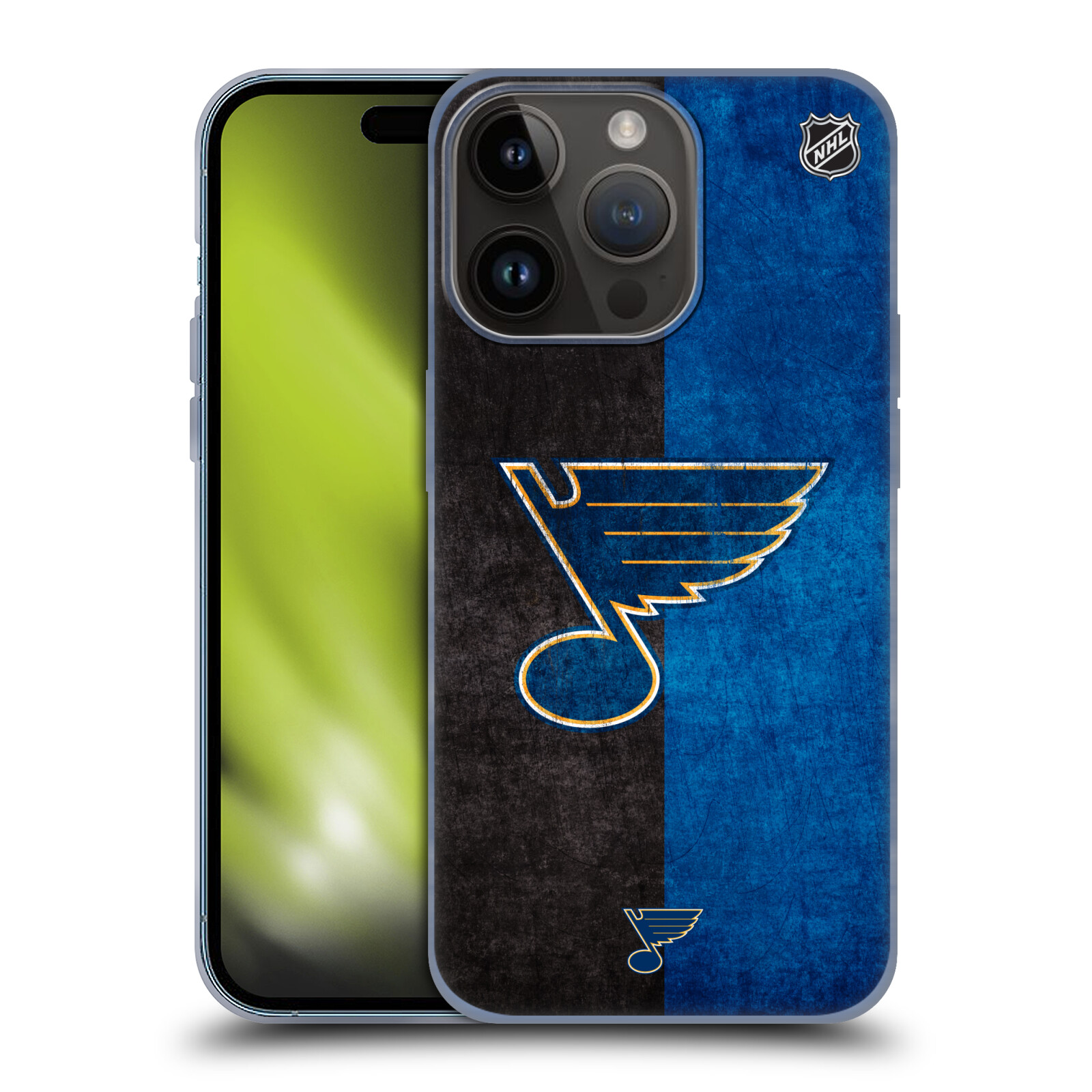 Silikonové lesklé pouzdro na mobil Apple iPhone 15 Pro - NHL - Půlené logo St Louis Blues (Silikonový lesklý kryt, obal, pouzdro na mobilní telefon Apple iPhone 15 Pro s licencovaným motivem NHL - Půlené logo St Louis Blues)