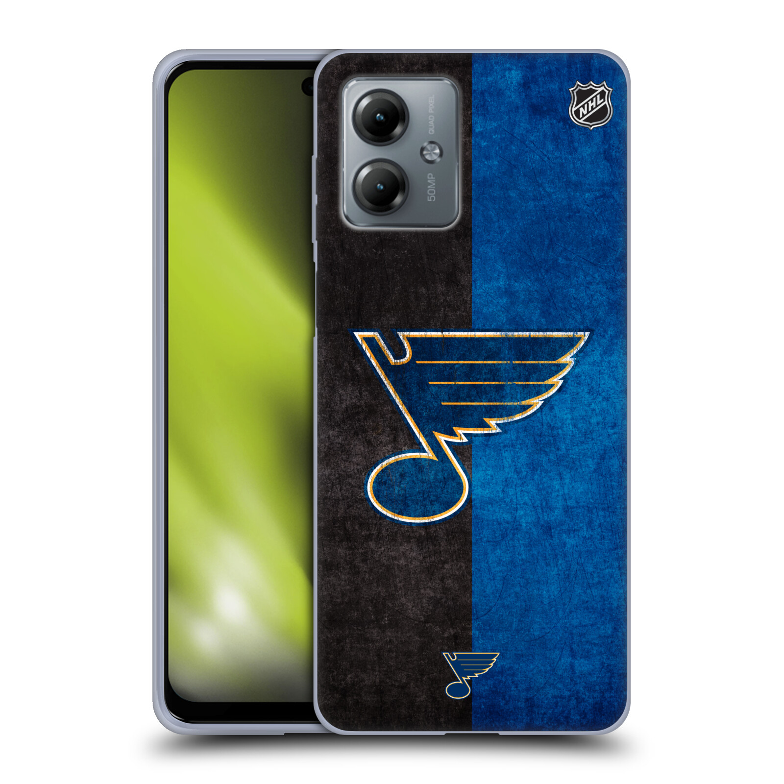 Silikonové pouzdro na mobil Motorola Moto G14 - NHL - Půlené logo St Louis Blues (Silikonový kryt, obal, pouzdro na mobilní telefon Motorola Moto G14 s licencovaným motivem NHL - Půlené logo St Louis Blues)