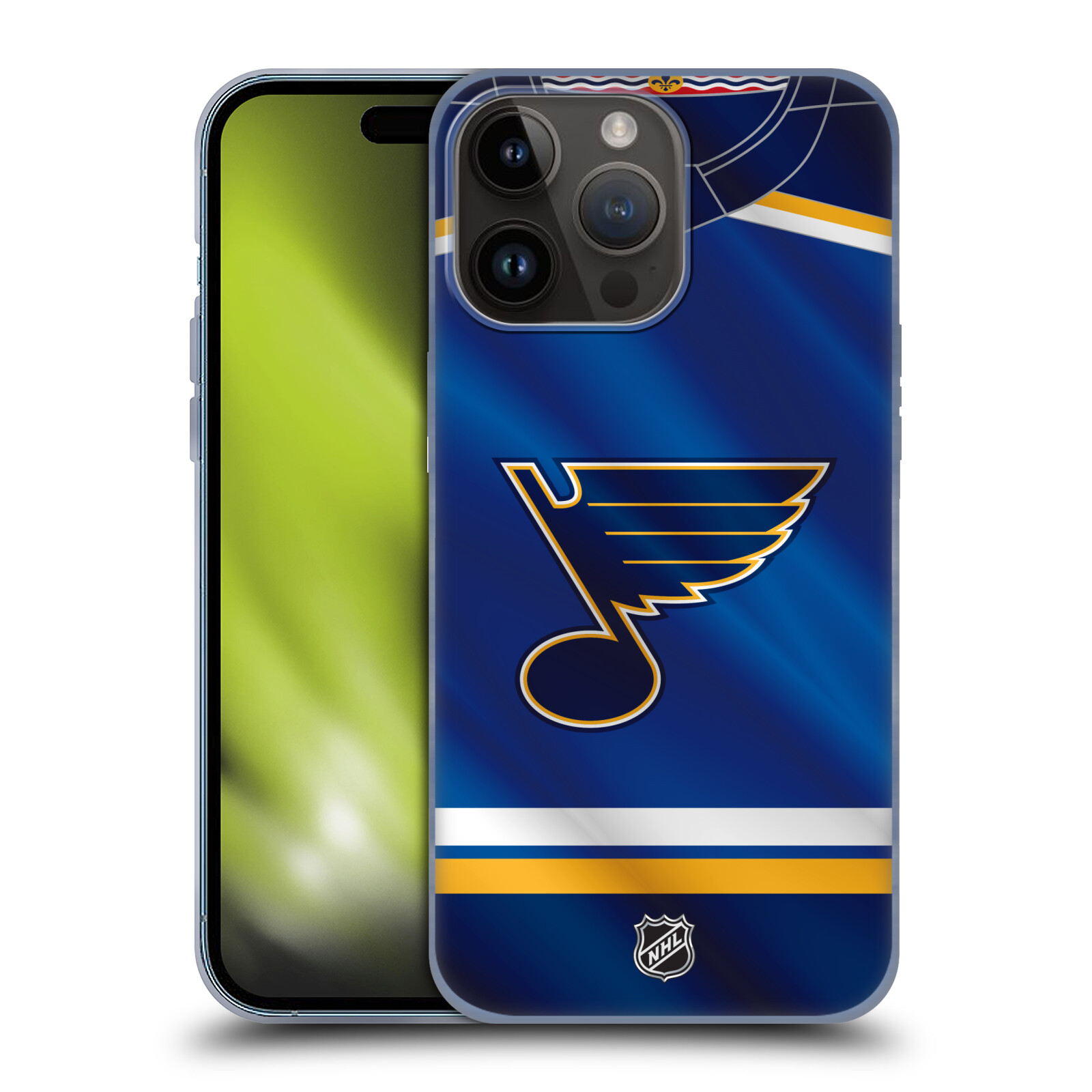 Silikonové lesklé pouzdro na mobil Apple iPhone 15 Pro Max - NHL - Dres St Louis Blues (Silikonový lesklý kryt, obal, pouzdro na mobilní telefon Apple iPhone 15 Pro Max s licencovaným motivem NHL - Dres St Louis Blues)