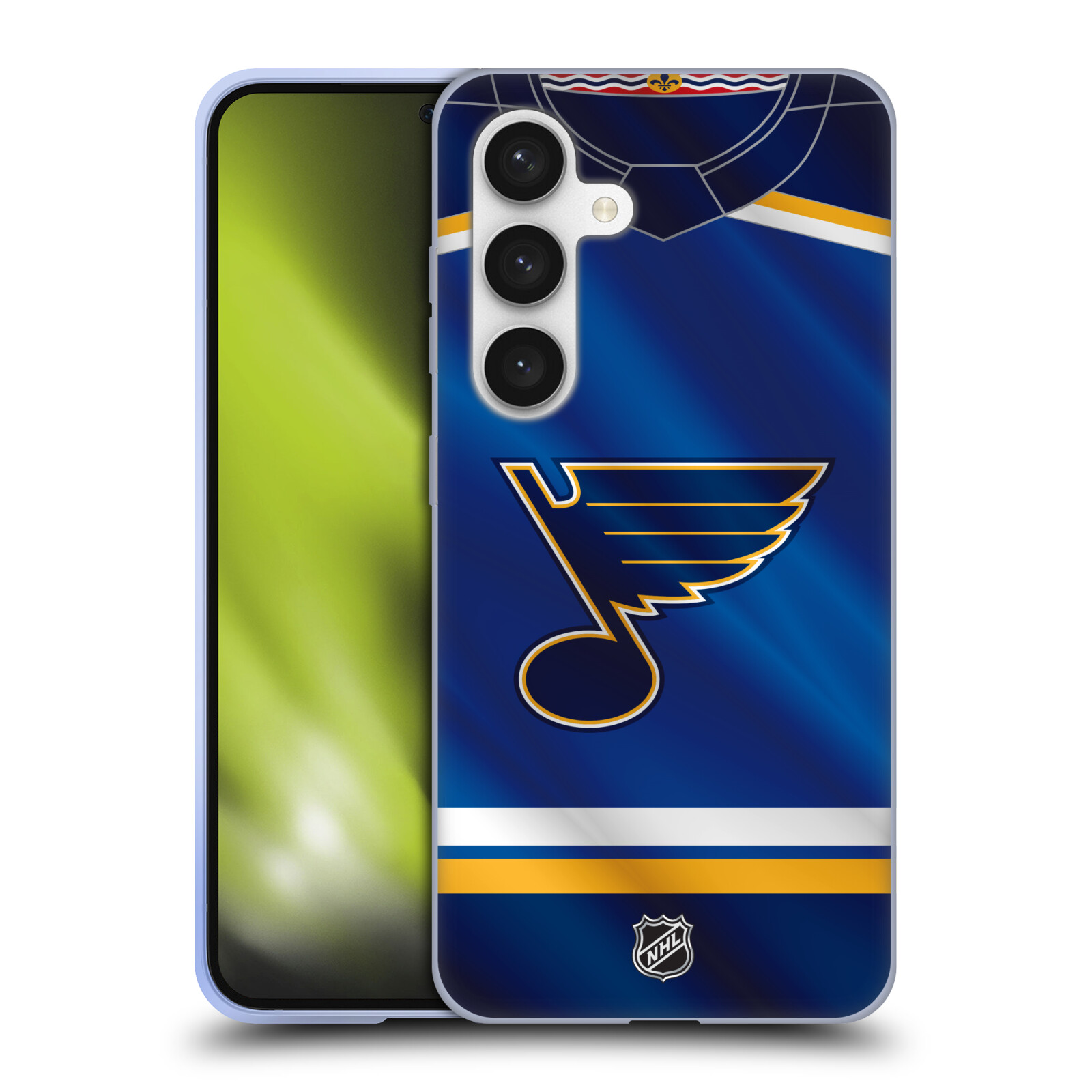 Silikonové lesklé pouzdro na mobil Samsung Galaxy S24 - NHL - Dres St Louis Blues (Silikonový kryt, obal, pouzdro na mobilní telefon Samsung Galaxy S24 s licencovaným motivem NHL - Dres St Louis Blues)