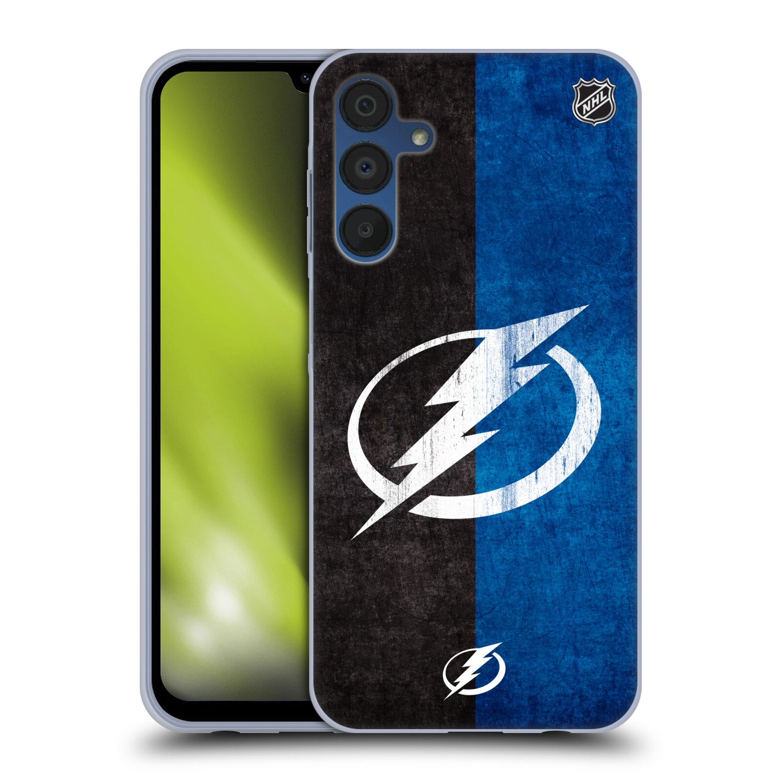 Silikonové pouzdro na mobil Samsung Galaxy A15 / A15 5G - NHL - Půlené logo Tampa Bay Lightning (Silikonový kryt, obal, pouzdro na mobilní telefon Samsung Galaxy A15 / A15 5G s licencovaným motivem NHL - Půlené logo Tampa Bay Lightning)