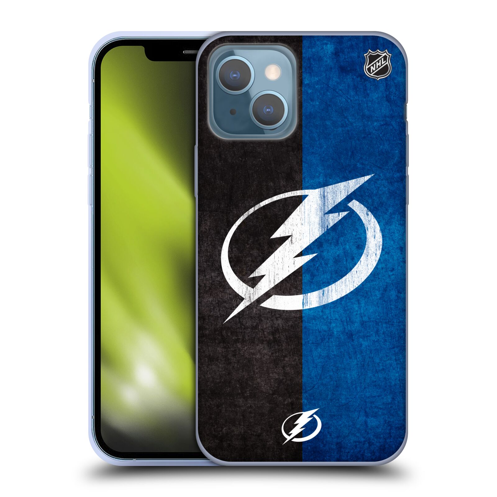 Silikonové pouzdro na mobil Apple iPhone 13 - NHL - Půlené logo Tampa Bay Lightning (Silikonový kryt, obal, pouzdro na mobilní telefon Apple iPhone 13 s licencovaným motivem NHL - Půlené logo Tampa Bay Lightning)