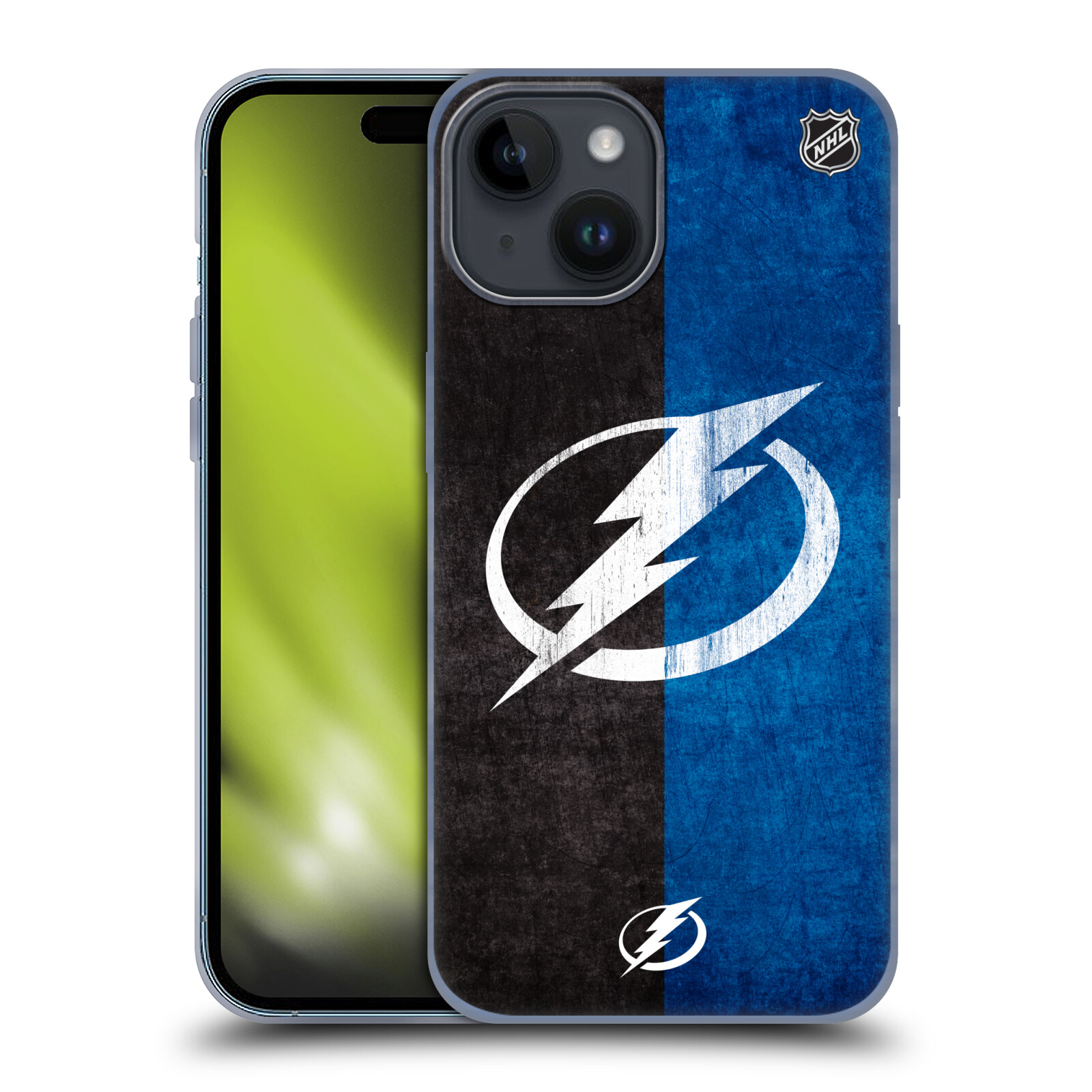 Silikonové lesklé pouzdro na mobil Apple iPhone 15 - NHL - Půlené logo Tampa Bay Lightning (Silikonový lesklý kryt, obal, pouzdro na mobilní telefon Apple iPhone 15 s licencovaným motivem NHL - Půlené logo Tampa Bay Lightning)