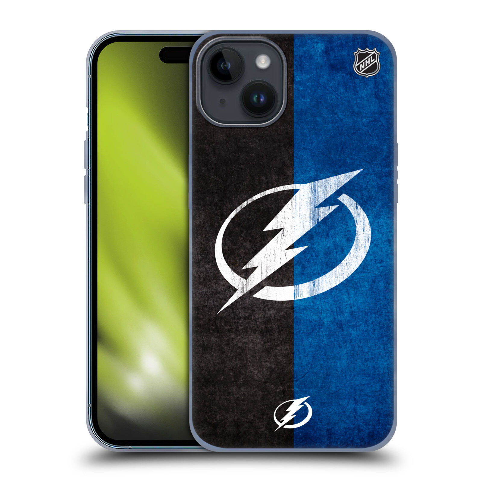 Silikonové lesklé pouzdro na mobil Apple iPhone 15 Plus - NHL - Půlené logo Tampa Bay Lightning (Silikonový lesklý kryt, obal, pouzdro na mobilní telefon Apple iPhone 15 Plus s licencovaným motivem NHL - Půlené logo Tampa Bay Lightning)
