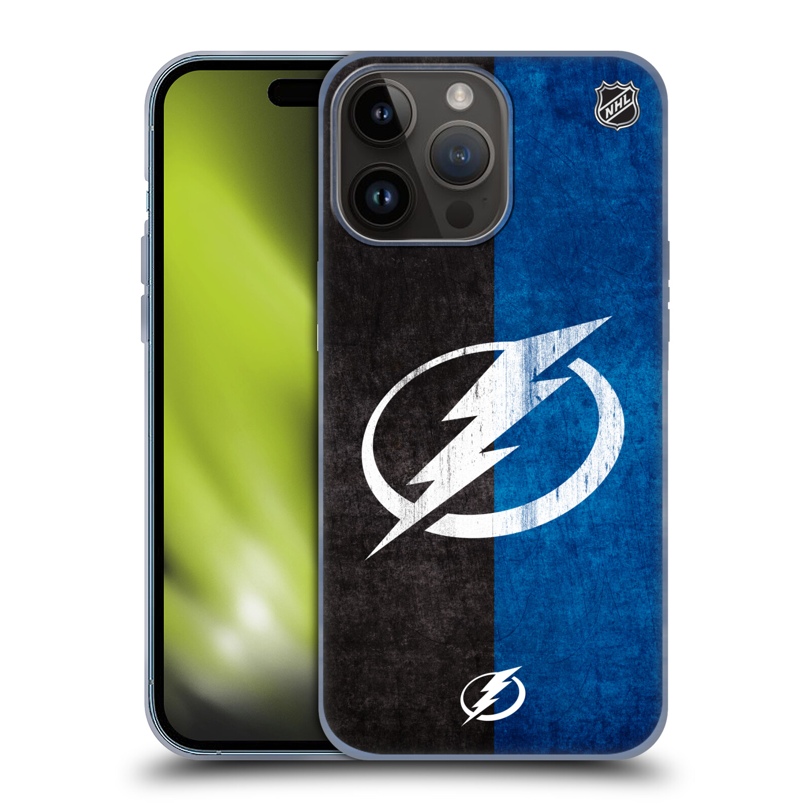 Silikonové lesklé pouzdro na mobil Apple iPhone 15 Pro Max - NHL - Půlené logo Tampa Bay Lightning (Silikonový lesklý kryt, obal, pouzdro na mobilní telefon Apple iPhone 15 Pro Max s licencovaným motivem NHL - Půlené logo Tampa Bay Lightning)
