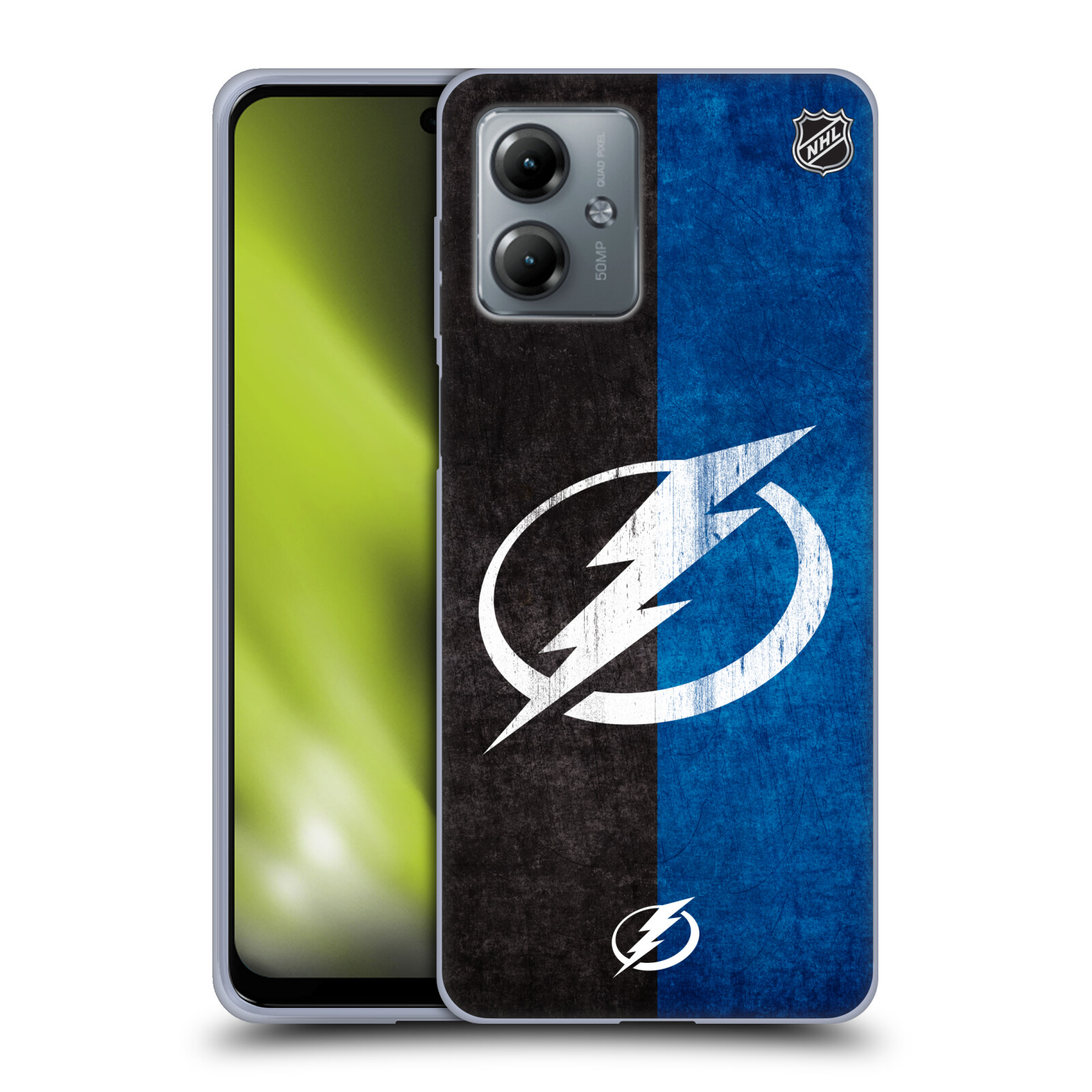 Silikonové pouzdro na mobil Motorola Moto G14 - NHL - Půlené logo Tampa Bay Lightning (Silikonový kryt, obal, pouzdro na mobilní telefon Motorola Moto G14 s licencovaným motivem NHL - Půlené logo Tampa Bay Lightning)