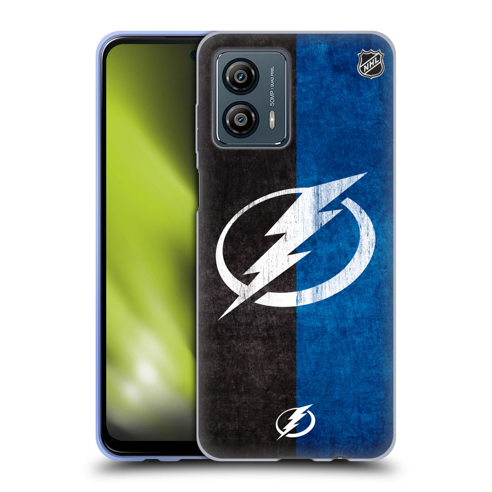 Silikonové pouzdro na mobil Motorola Moto G53 5G - NHL - Půlené logo Tampa Bay Lightning (Silikonový kryt, obal, pouzdro na mobilní telefon Motorola Moto G53 5G s licencovaným motivem NHL - Půlené logo Tampa Bay Lightning)