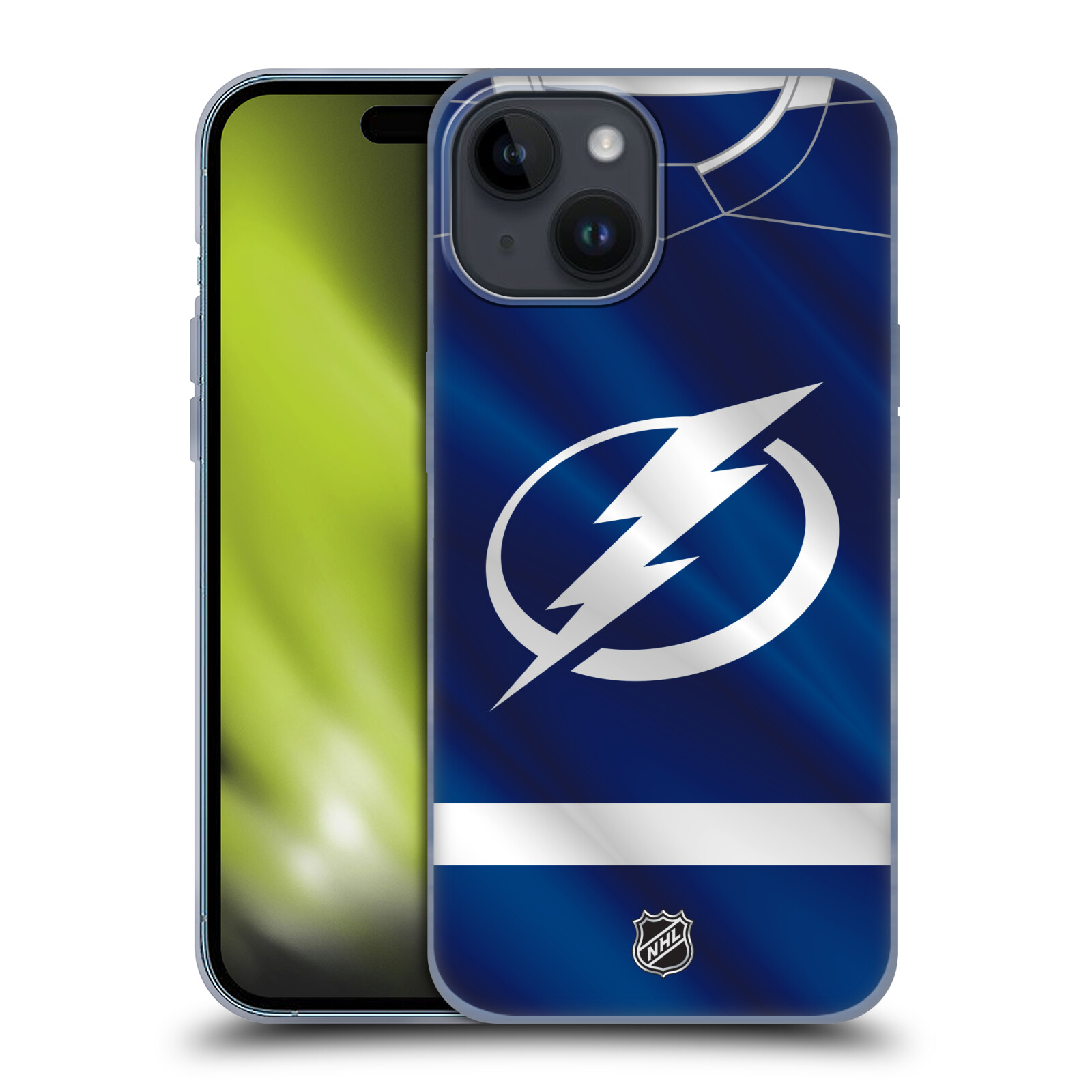 Silikonové lesklé pouzdro na mobil Apple iPhone 15 - NHL - Dres Tampa Bay Lightning (Silikonový lesklý kryt, obal, pouzdro na mobilní telefon Apple iPhone 15 s licencovaným motivem NHL - Dres Tampa Bay Lightning)