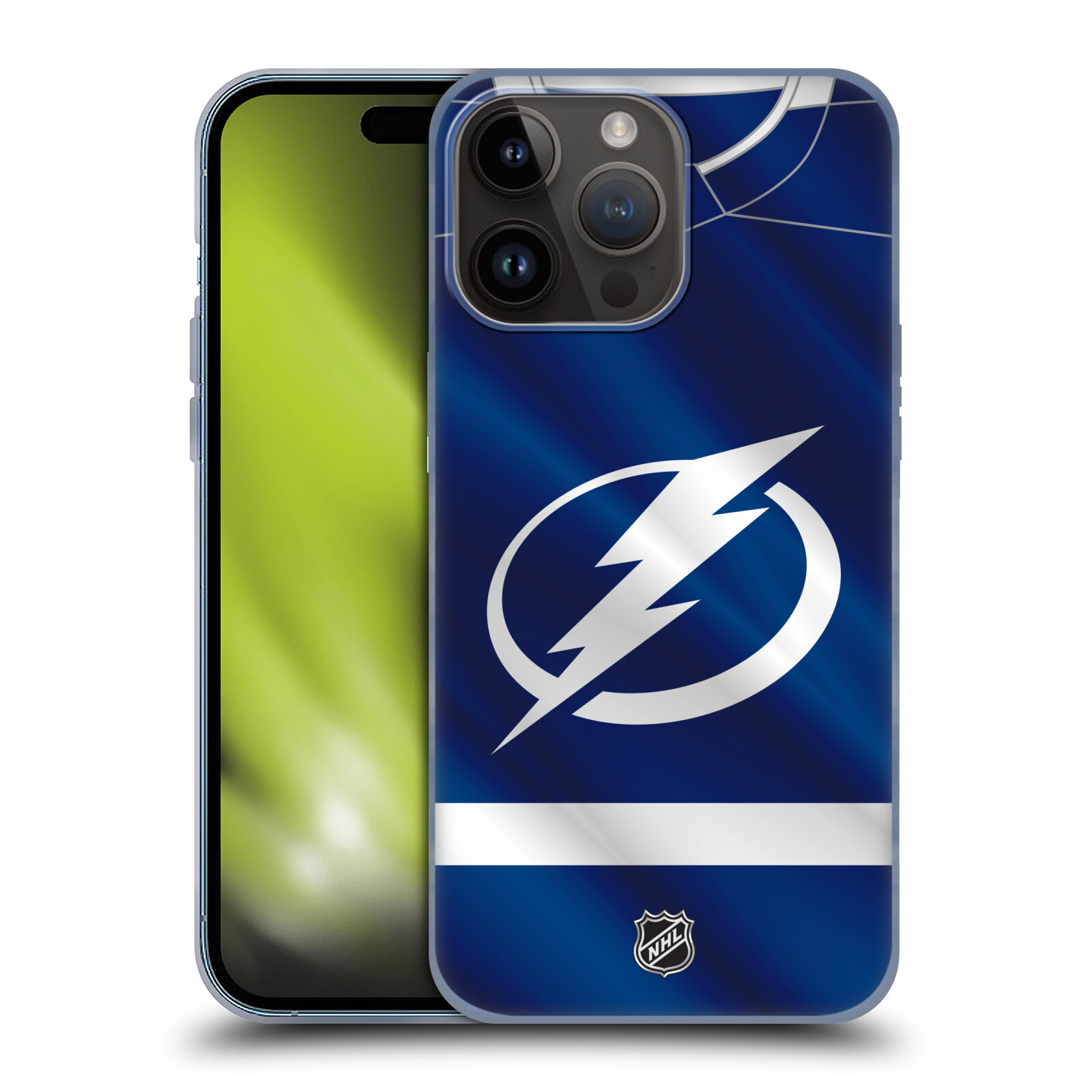 Silikonové lesklé pouzdro na mobil Apple iPhone 15 Pro Max - NHL - Dres Tampa Bay Lightning (Silikonový lesklý kryt, obal, pouzdro na mobilní telefon Apple iPhone 15 Pro Max s licencovaným motivem NHL - Dres Tampa Bay Lightning)