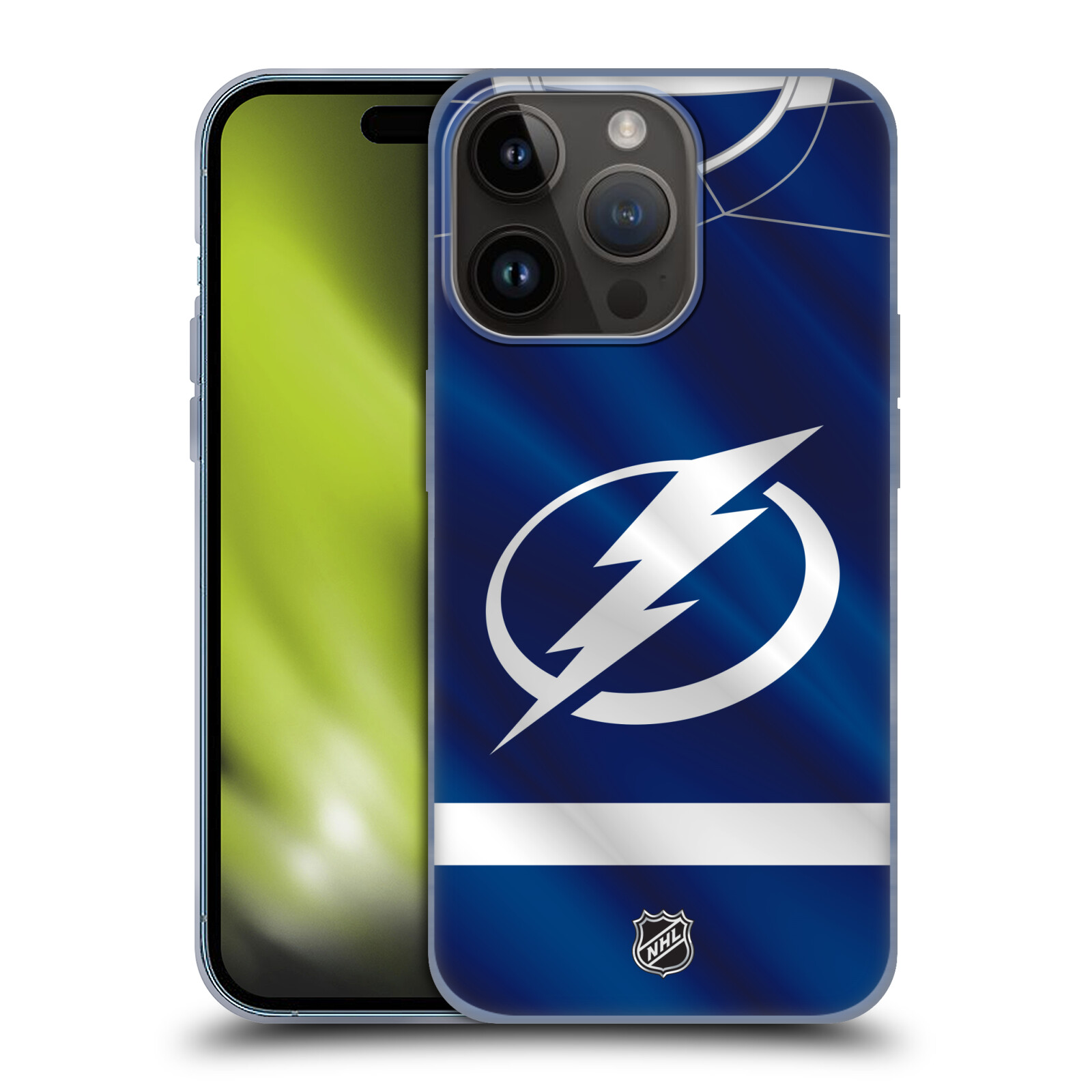 Silikonové lesklé pouzdro na mobil Apple iPhone 15 Pro - NHL - Dres Tampa Bay Lightning (Silikonový lesklý kryt, obal, pouzdro na mobilní telefon Apple iPhone 15 Pro s licencovaným motivem NHL - Dres Tampa Bay Lightning)