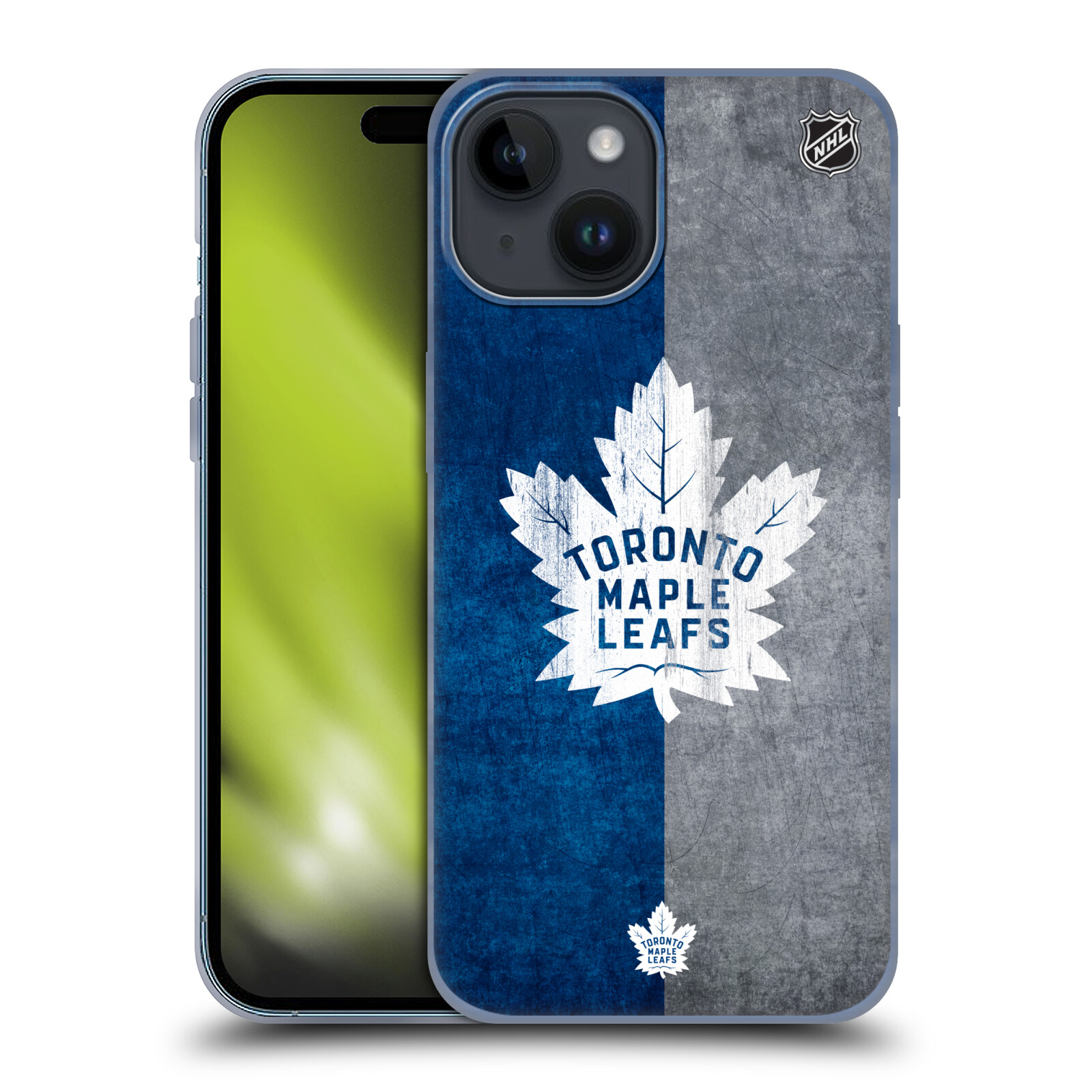Silikonové lesklé pouzdro na mobil Apple iPhone 15 - NHL - Půlené logo Toronto Maple Leafs (Silikonový lesklý kryt, obal, pouzdro na mobilní telefon Apple iPhone 15 s licencovaným motivem NHL - Půlené logo Toronto Maple Leafs)