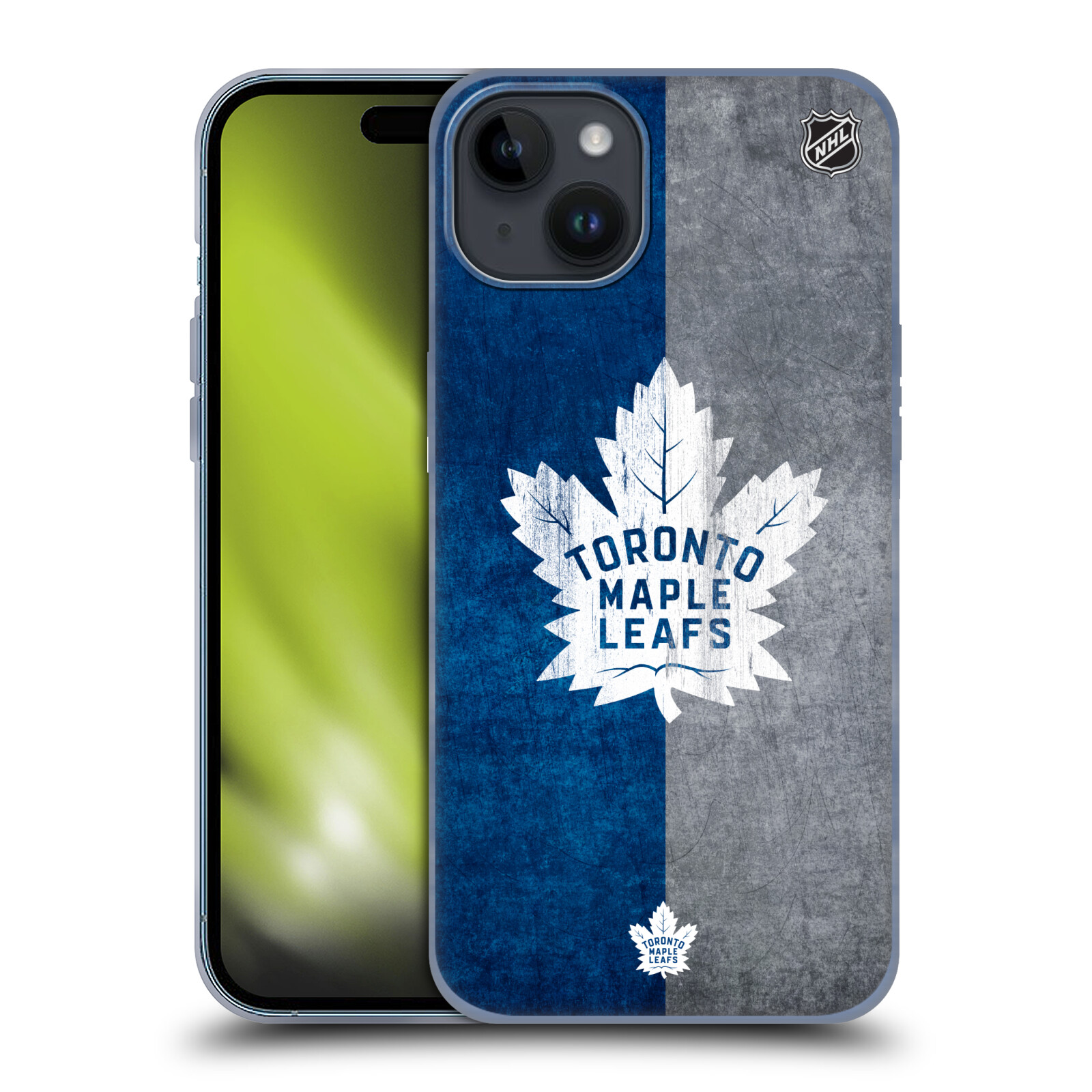 Silikonové lesklé pouzdro na mobil Apple iPhone 15 Plus - NHL - Půlené logo Toronto Maple Leafs (Silikonový lesklý kryt, obal, pouzdro na mobilní telefon Apple iPhone 15 Plus s licencovaným motivem NHL - Půlené logo Toronto Maple Leafs)