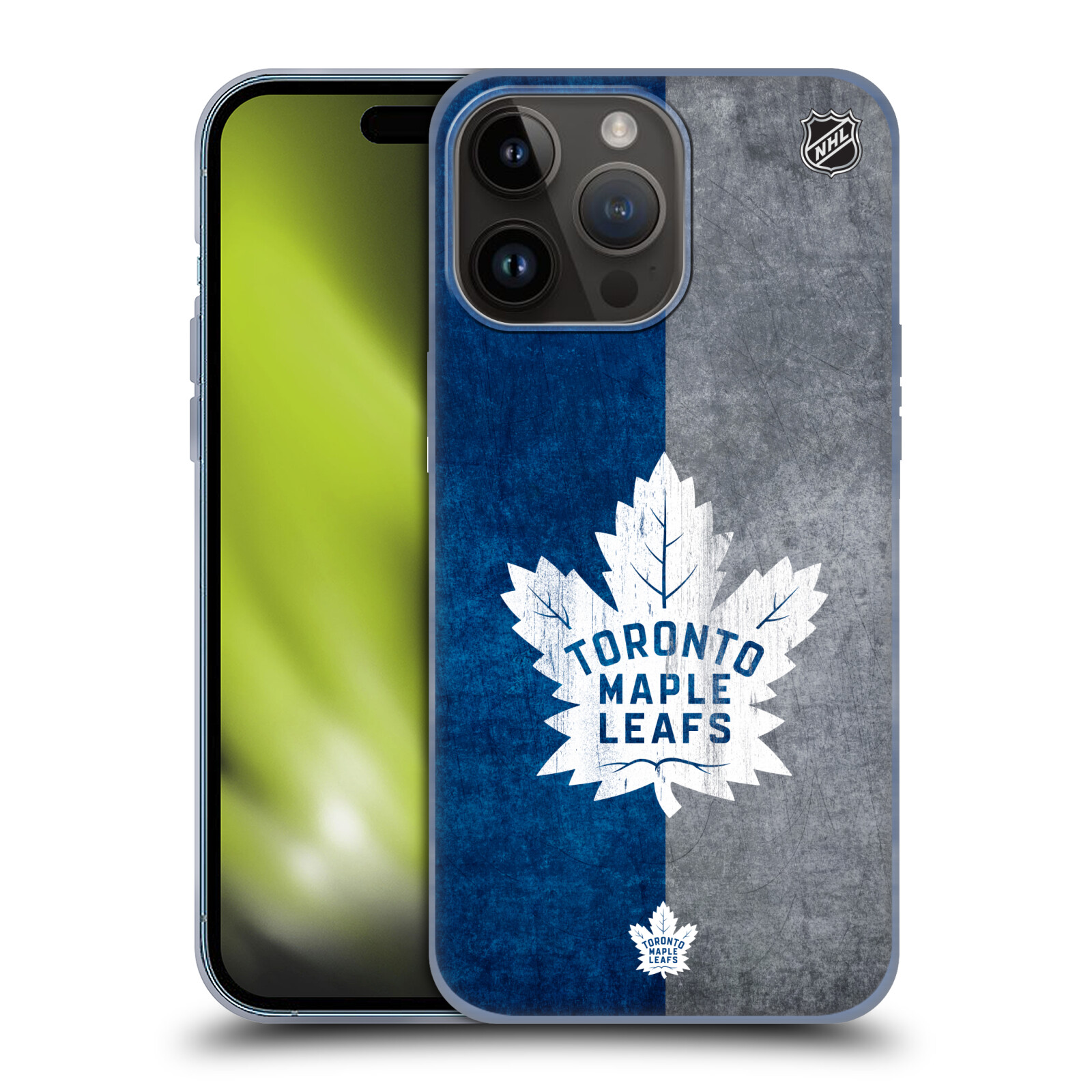 Silikonové lesklé pouzdro na mobil Apple iPhone 15 Pro Max - NHL - Půlené logo Toronto Maple Leafs (Silikonový lesklý kryt, obal, pouzdro na mobilní telefon Apple iPhone 15 Pro Max s licencovaným motivem NHL - Půlené logo Toronto Maple Leafs)