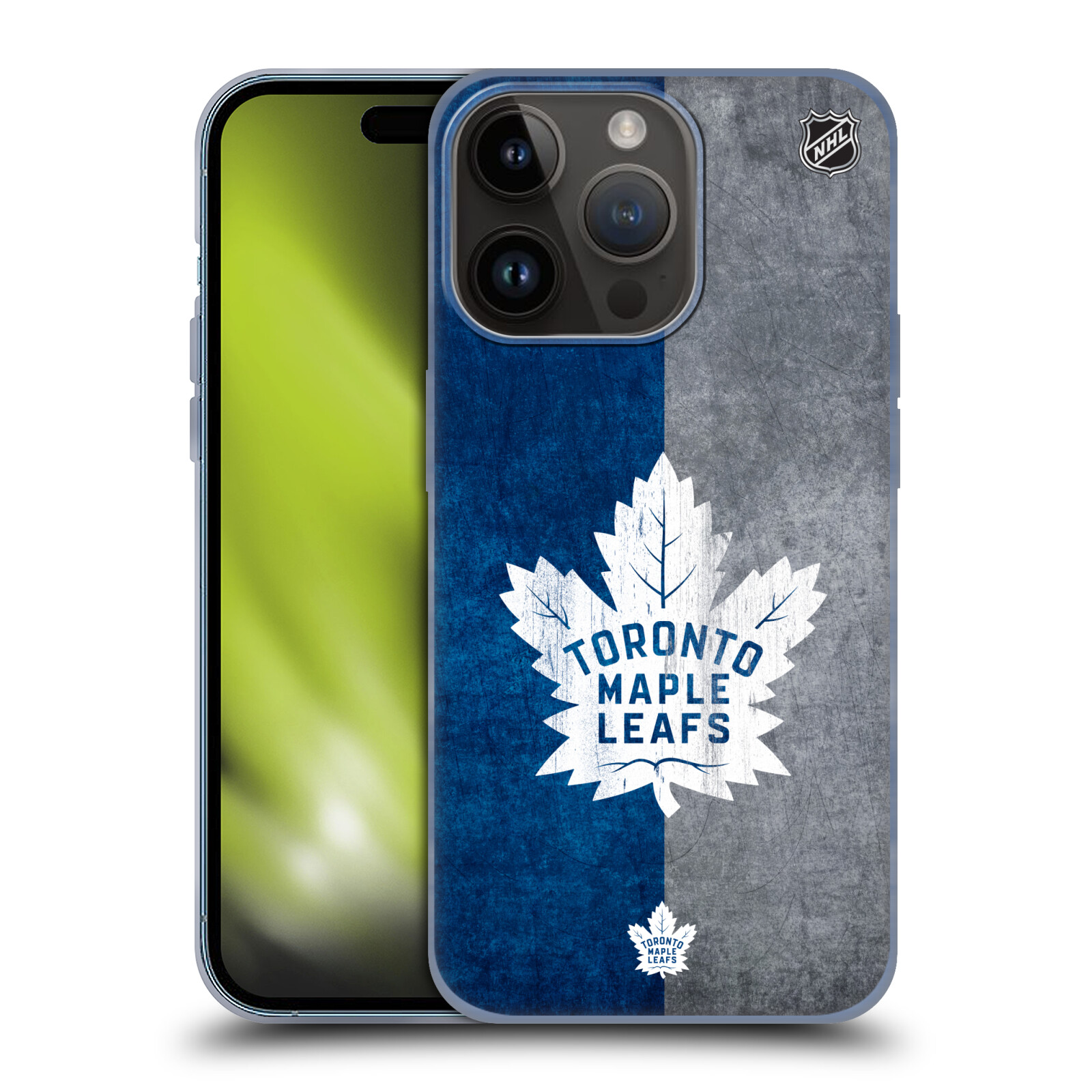 Silikonové lesklé pouzdro na mobil Apple iPhone 15 Pro - NHL - Půlené logo Toronto Maple Leafs (Silikonový lesklý kryt, obal, pouzdro na mobilní telefon Apple iPhone 15 Pro s licencovaným motivem NHL - Půlené logo Toronto Maple Leafs)