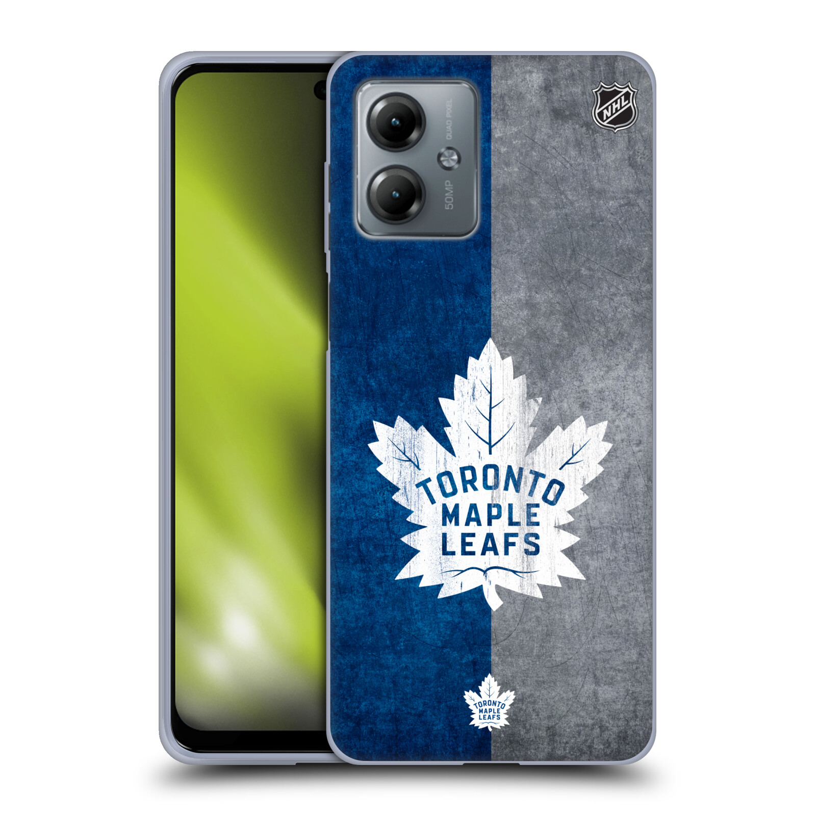 Silikonové pouzdro na mobil Motorola Moto G14 - NHL - Půlené logo Toronto Maple Leafs (Silikonový kryt, obal, pouzdro na mobilní telefon Motorola Moto G14 s licencovaným motivem NHL - Půlené logo Toronto Maple Leafs)