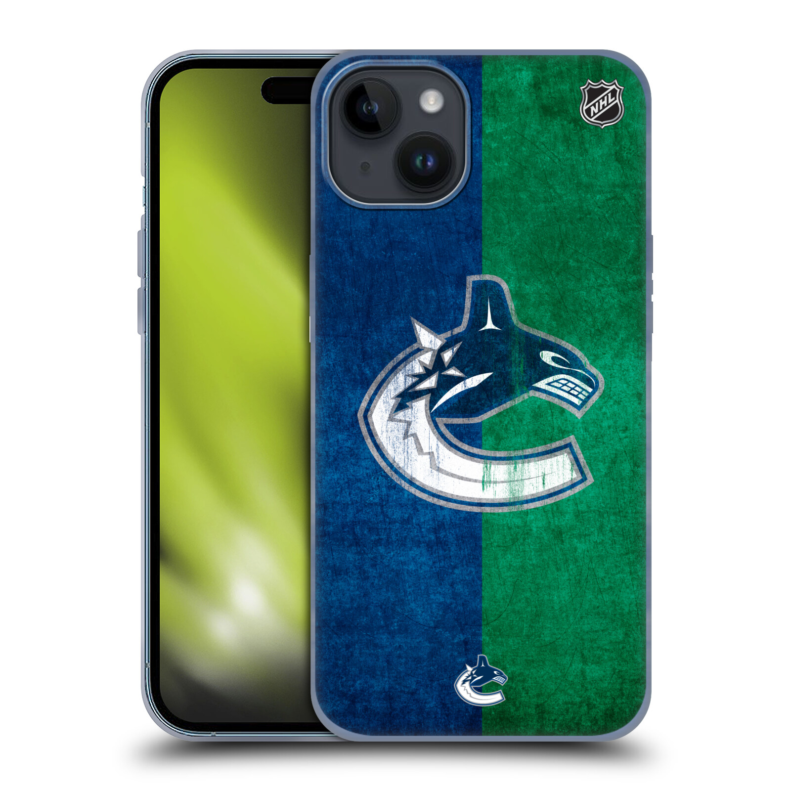 Silikonové lesklé pouzdro na mobil Apple iPhone 15 Plus - NHL - Půlené logo Vancouver Canucks (Silikonový lesklý kryt, obal, pouzdro na mobilní telefon Apple iPhone 15 Plus s licencovaným motivem NHL - Půlené logo Vancouver Canucks)