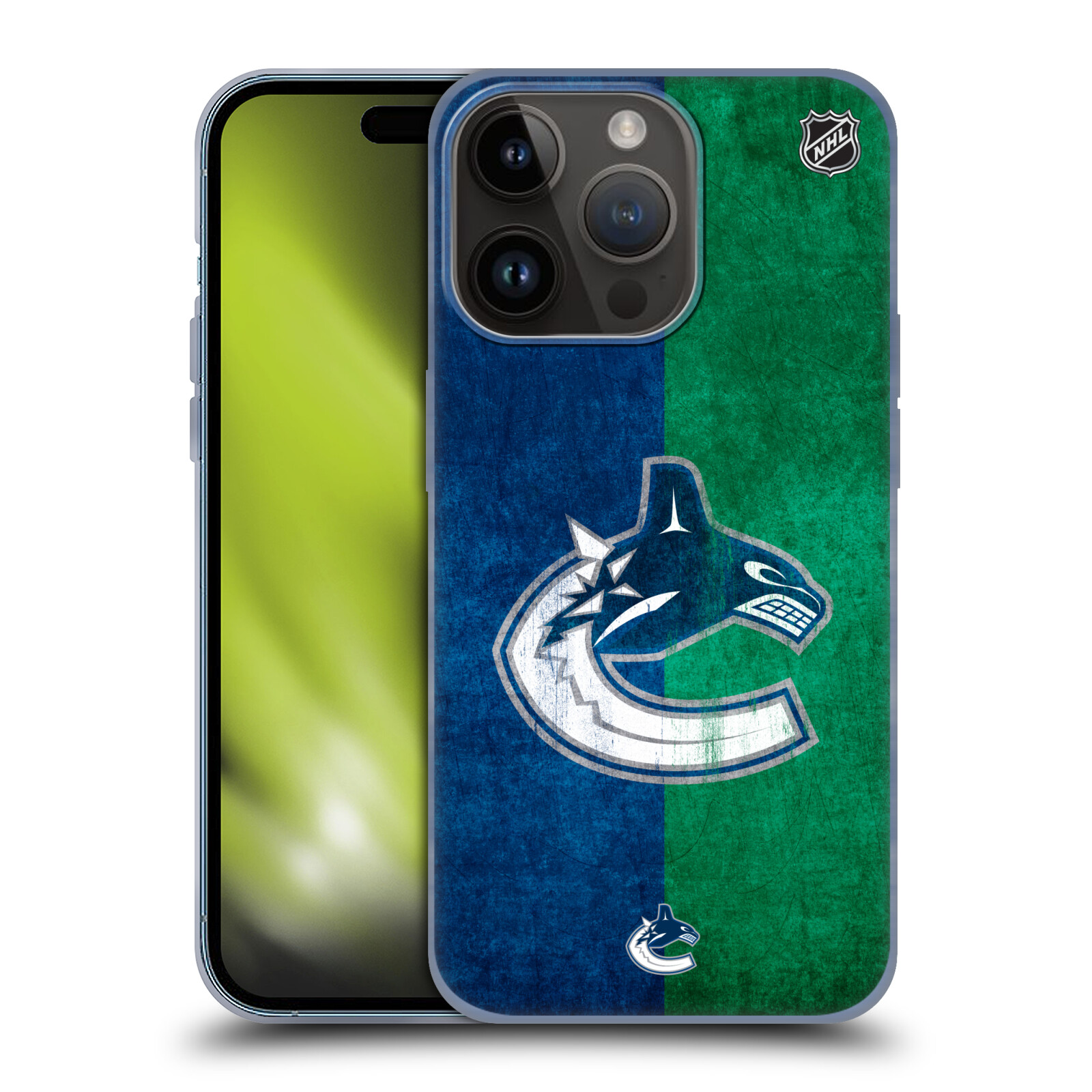 Silikonové lesklé pouzdro na mobil Apple iPhone 15 Pro - NHL - Půlené logo Vancouver Canucks (Silikonový lesklý kryt, obal, pouzdro na mobilní telefon Apple iPhone 15 Pro s licencovaným motivem NHL - Půlené logo Vancouver Canucks)