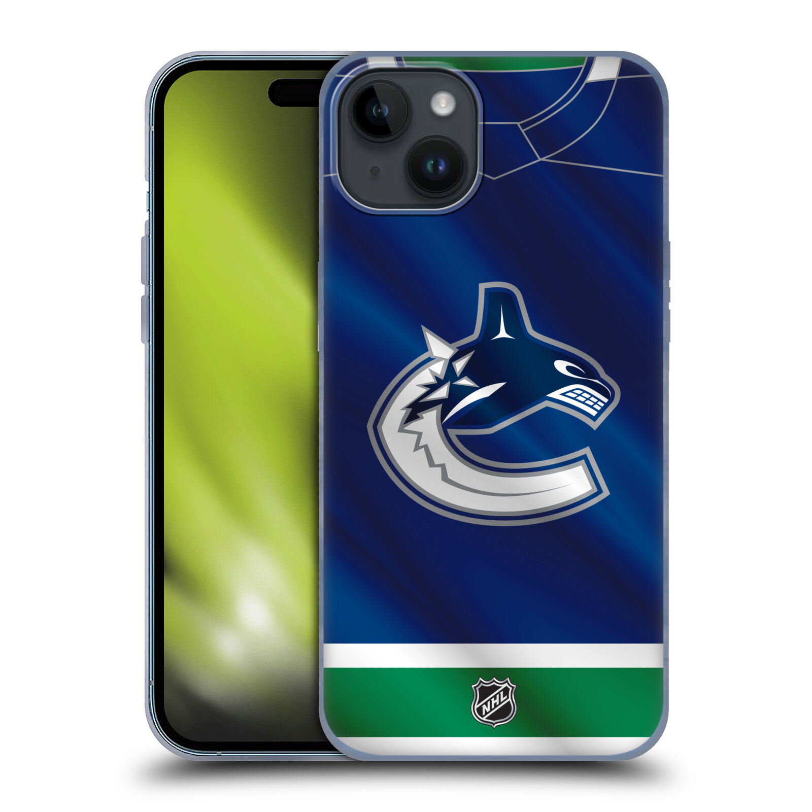 Silikonové lesklé pouzdro na mobil Apple iPhone 15 Plus - NHL - Dres Vancouver Canucks (Silikonový lesklý kryt, obal, pouzdro na mobilní telefon Apple iPhone 15 Plus s licencovaným motivem NHL - Dres Vancouver Canucks)