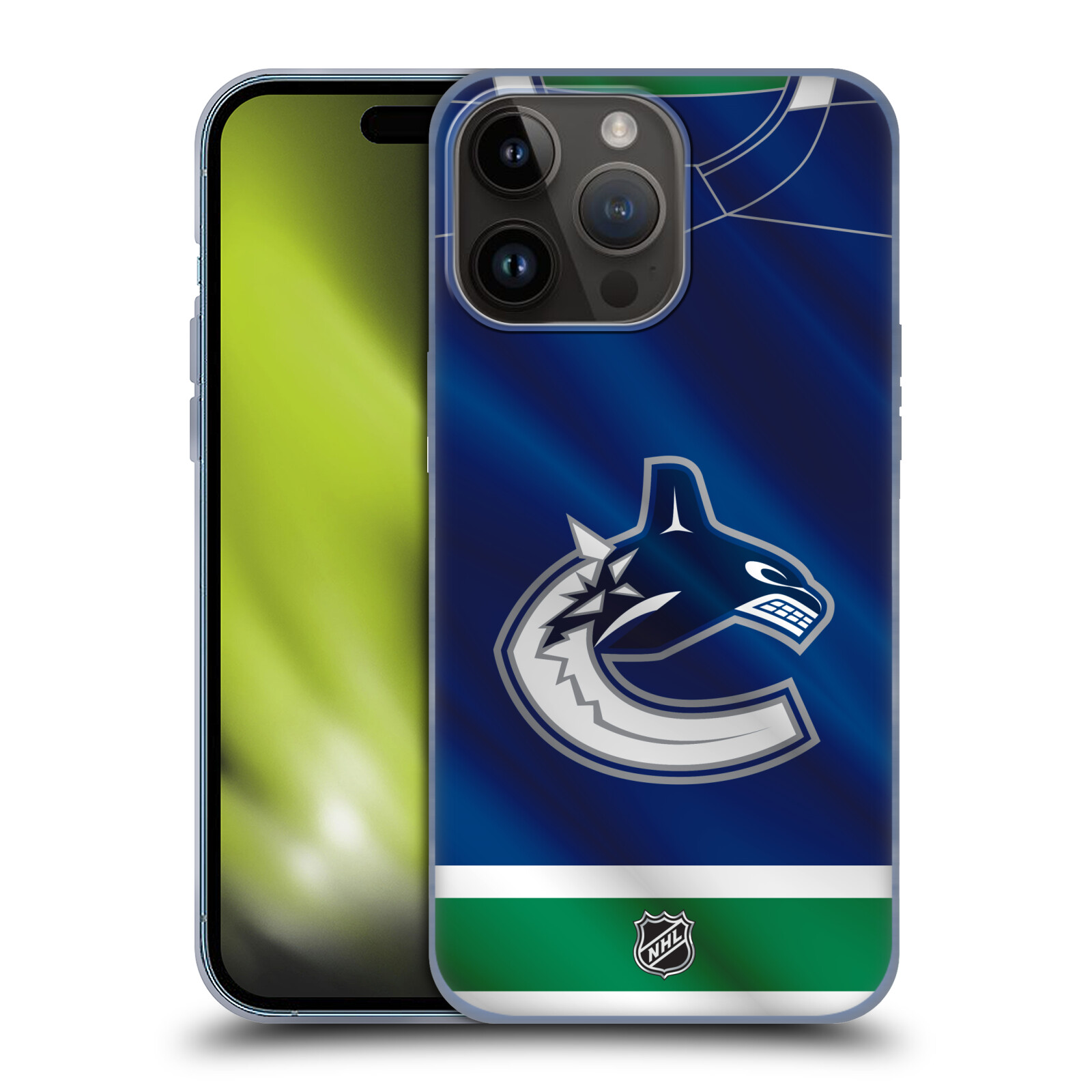 Silikonové lesklé pouzdro na mobil Apple iPhone 15 Pro Max - NHL - Dres Vancouver Canucks (Silikonový lesklý kryt, obal, pouzdro na mobilní telefon Apple iPhone 15 Pro Max s licencovaným motivem NHL - Dres Vancouver Canucks)