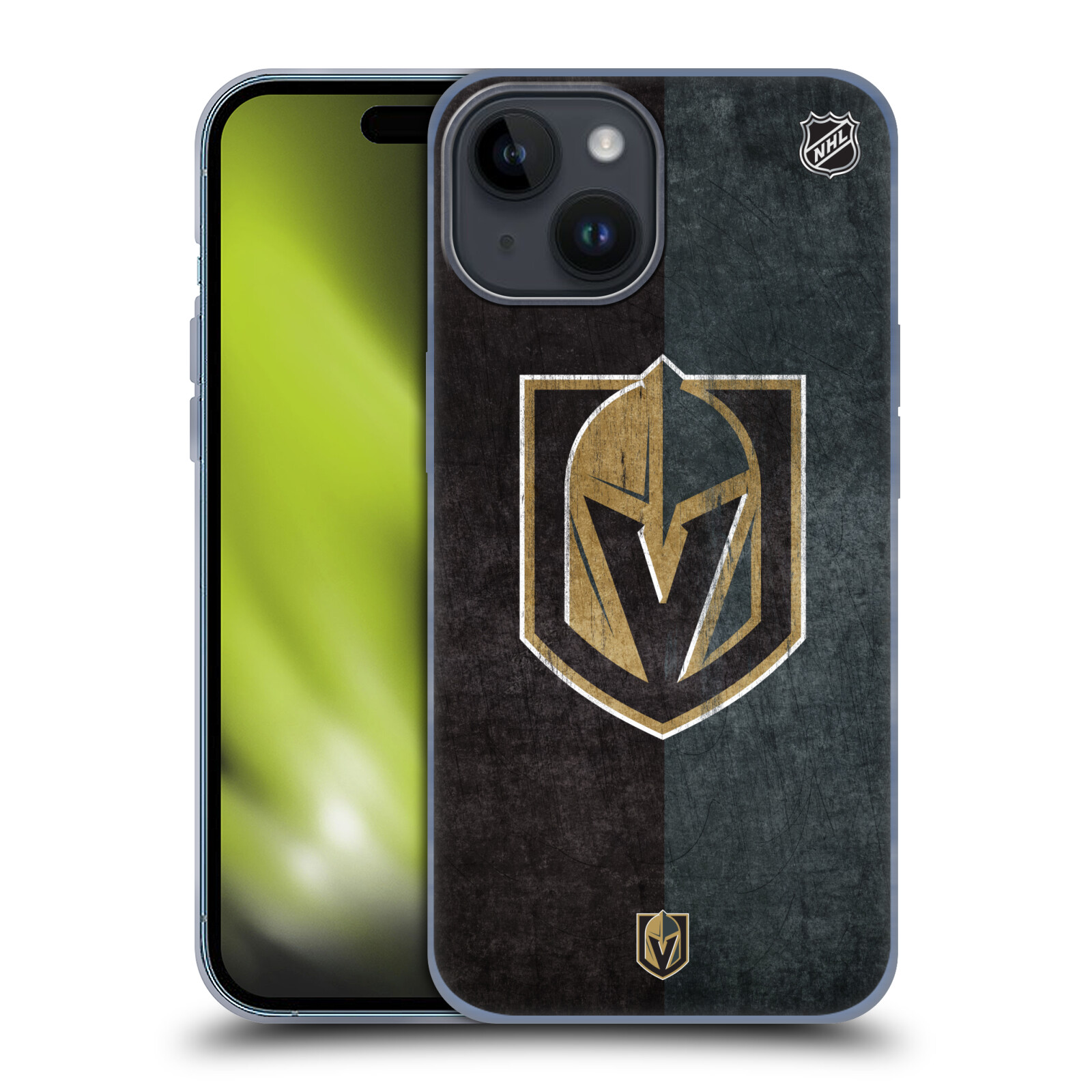 Silikonové lesklé pouzdro na mobil Apple iPhone 15 - NHL - Půlené logo Vegas Golden Knights (Silikonový lesklý kryt, obal, pouzdro na mobilní telefon Apple iPhone 15 s licencovaným motivem NHL - Půlené logo Vegas Golden Knights)
