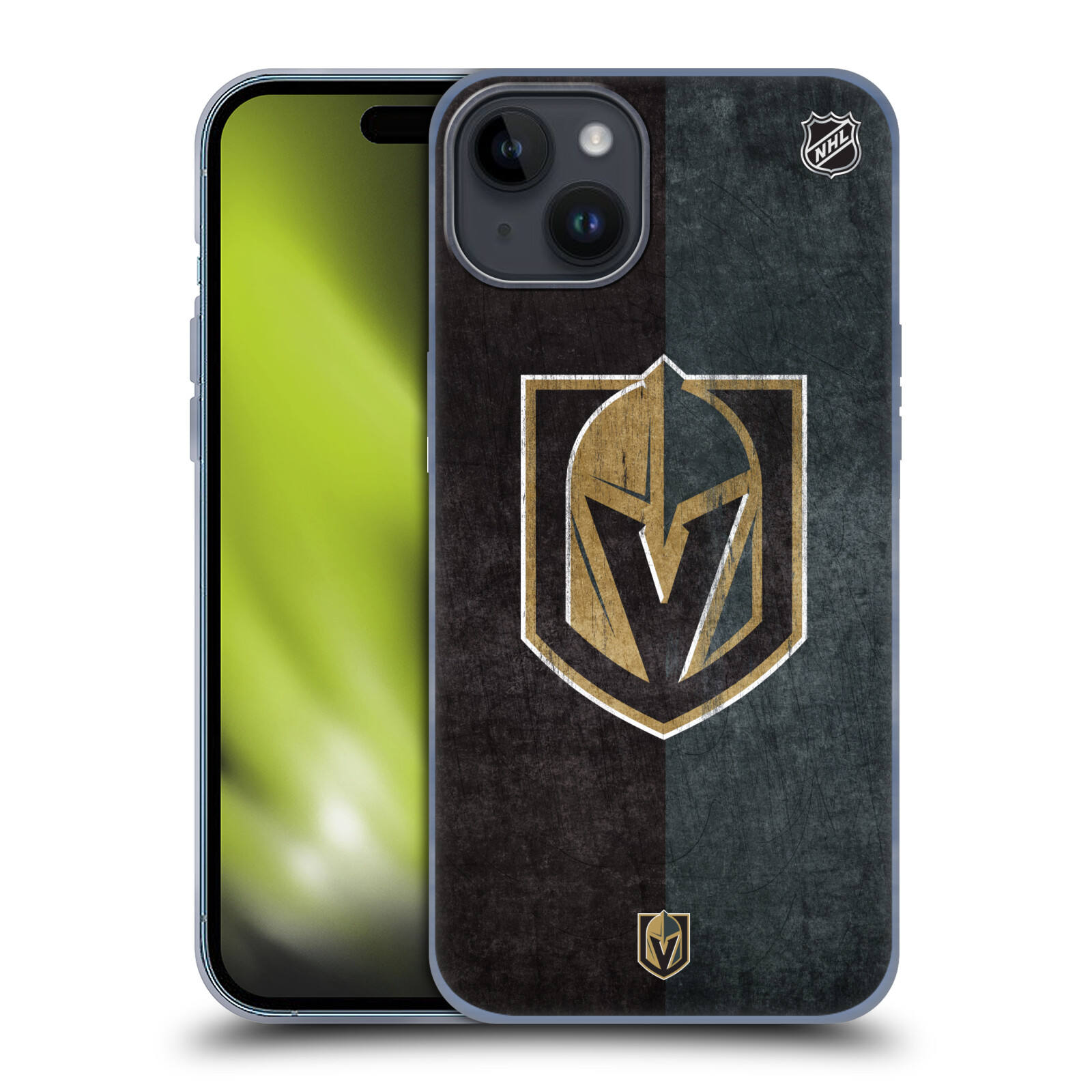 Silikonové lesklé pouzdro na mobil Apple iPhone 15 Plus - NHL - Půlené logo Vegas Golden Knights (Silikonový lesklý kryt, obal, pouzdro na mobilní telefon Apple iPhone 15 Plus s licencovaným motivem NHL - Půlené logo Vegas Golden Knights)