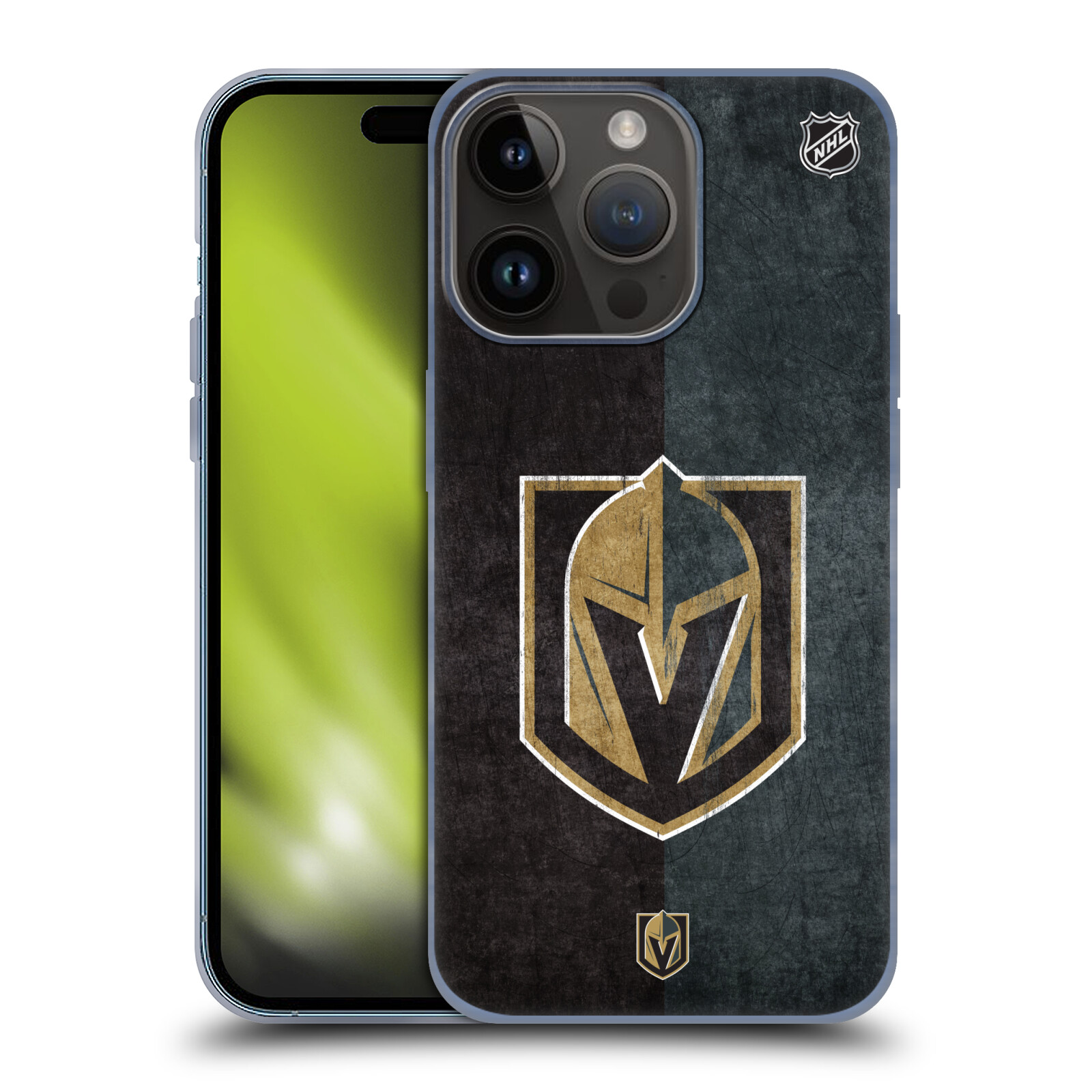 Silikonové lesklé pouzdro na mobil Apple iPhone 15 Pro - NHL - Půlené logo Vegas Golden Knights (Silikonový lesklý kryt, obal, pouzdro na mobilní telefon Apple iPhone 15 Pro s licencovaným motivem NHL - Půlené logo Vegas Golden Knights)