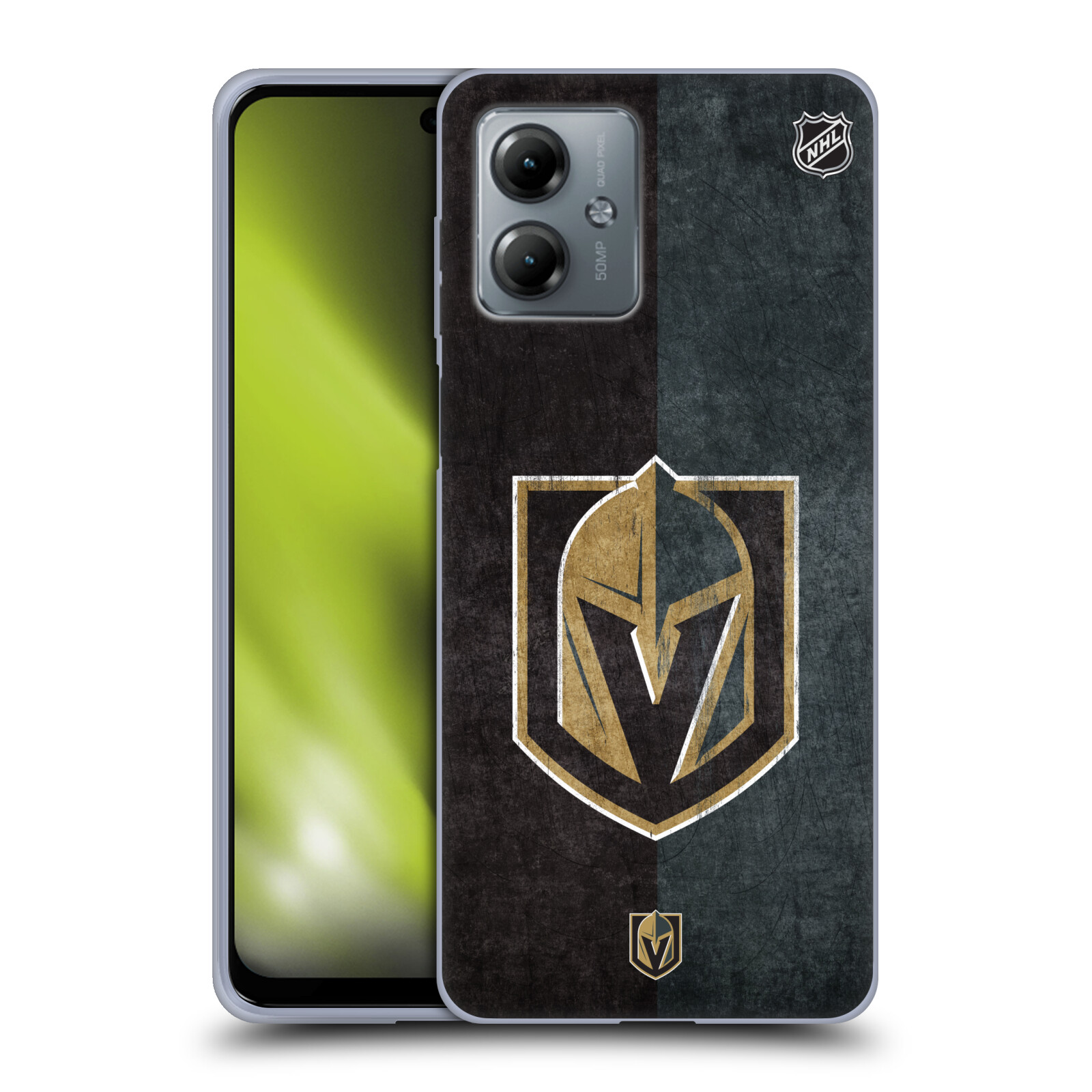 Silikonové pouzdro na mobil Motorola Moto G14 - NHL - Půlené logo Vegas Golden Knights (Silikonový kryt, obal, pouzdro na mobilní telefon Motorola Moto G14 s licencovaným motivem NHL - Půlené logo Vegas Golden Knights)
