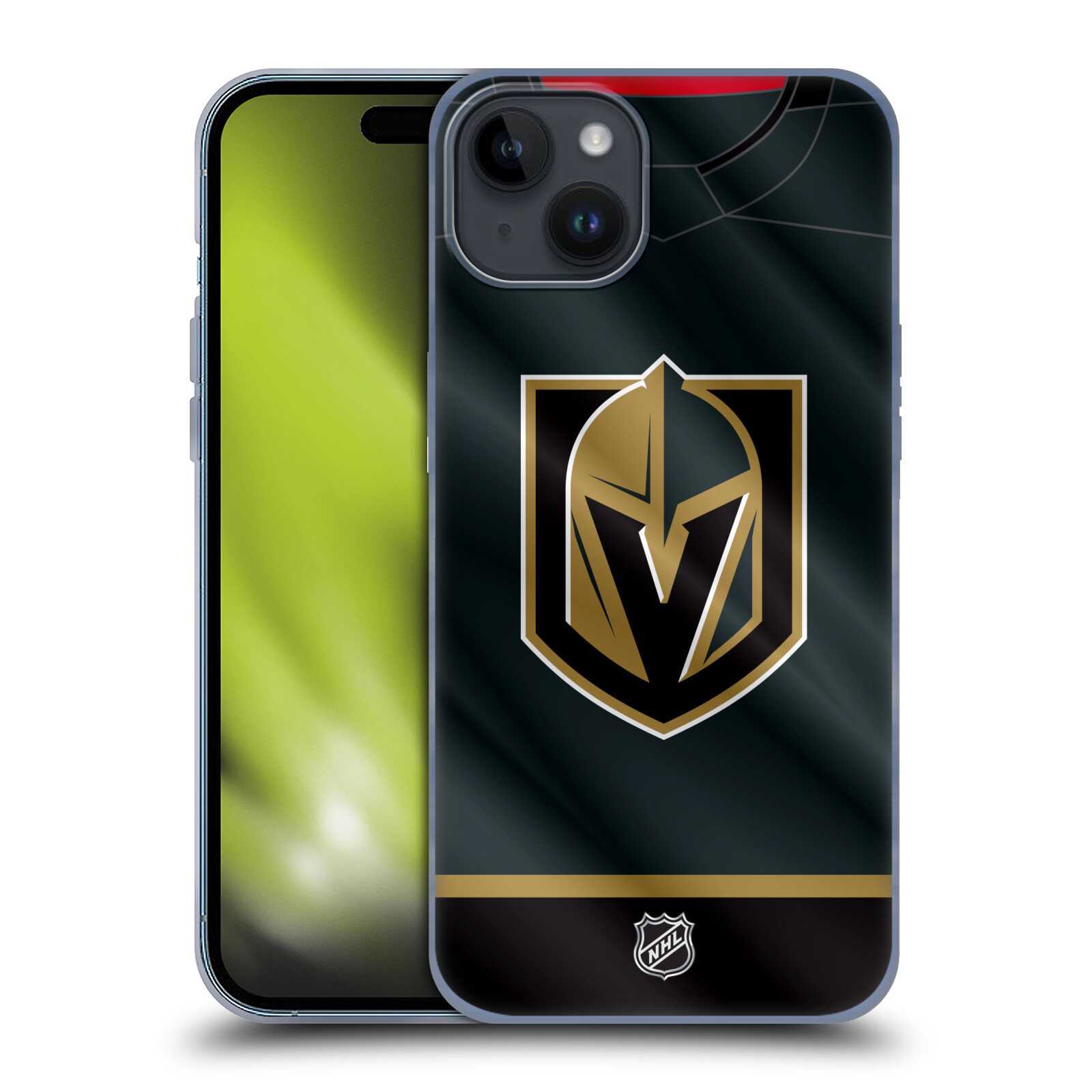 Silikonové lesklé pouzdro na mobil Apple iPhone 15 Plus - NHL - Dres Vegas Golden Knights (Silikonový lesklý kryt, obal, pouzdro na mobilní telefon Apple iPhone 15 Plus s licencovaným motivem NHL - Dres Vegas Golden Knights)