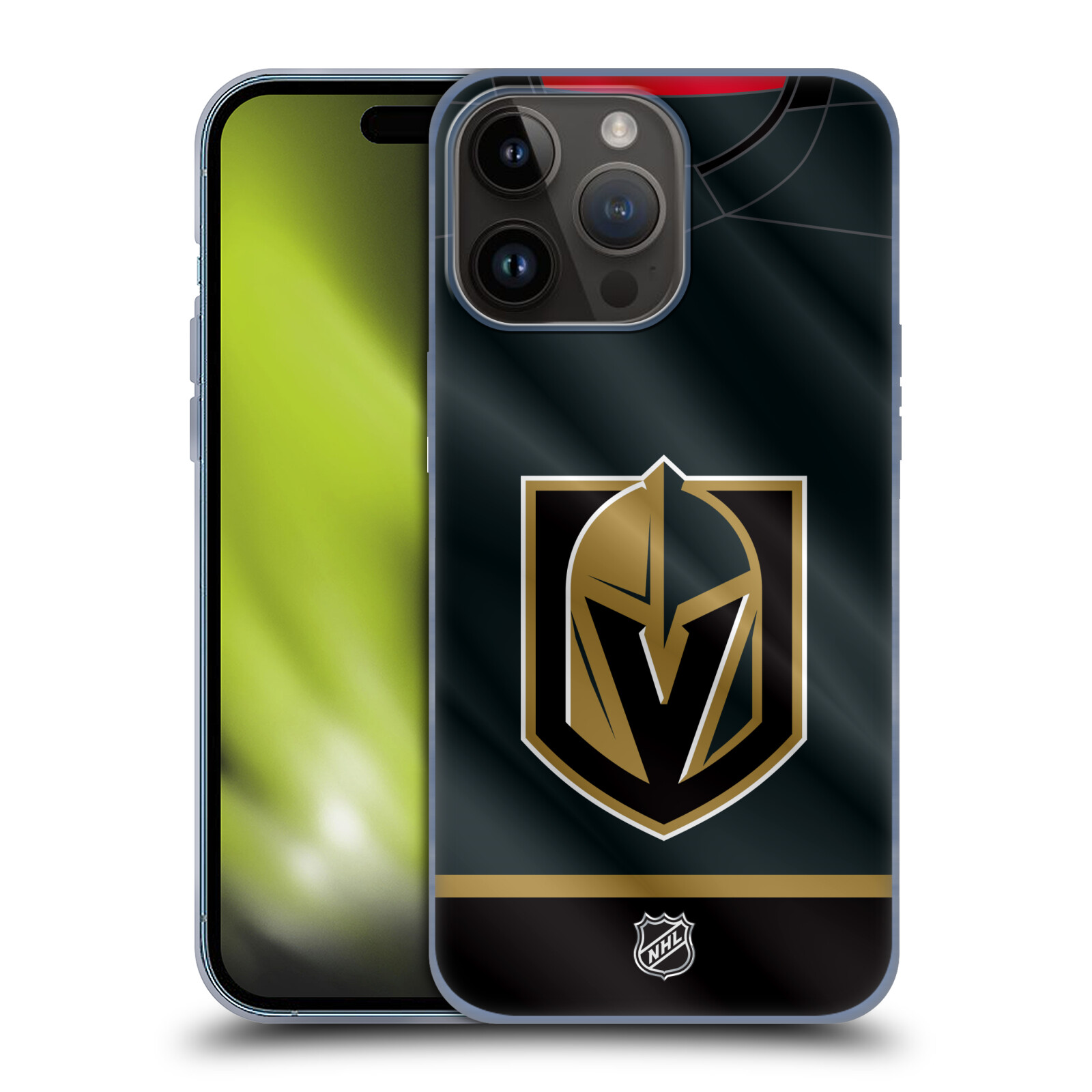 Silikonové lesklé pouzdro na mobil Apple iPhone 15 Pro Max - NHL - Dres Vegas Golden Knights (Silikonový lesklý kryt, obal, pouzdro na mobilní telefon Apple iPhone 15 Pro Max s licencovaným motivem NHL - Dres Vegas Golden Knights)