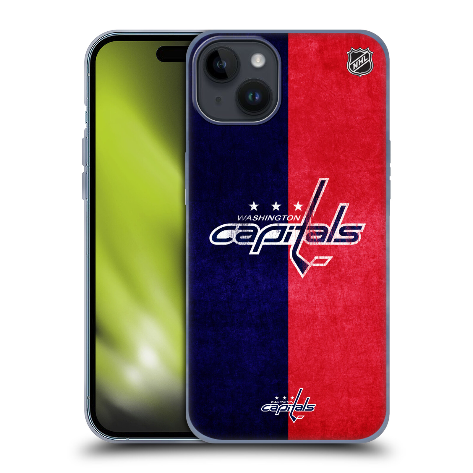 Silikonové lesklé pouzdro na mobil Apple iPhone 15 Plus - NHL - Půlené logo Washington Capitals (Silikonový lesklý kryt, obal, pouzdro na mobilní telefon Apple iPhone 15 Plus s licencovaným motivem NHL - Půlené logo Washington Capitals)