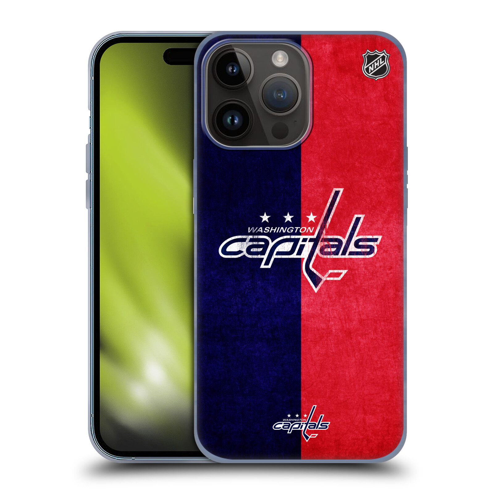 Silikonové lesklé pouzdro na mobil Apple iPhone 15 Pro Max - NHL - Půlené logo Washington Capitals (Silikonový lesklý kryt, obal, pouzdro na mobilní telefon Apple iPhone 15 Pro Max s licencovaným motivem NHL - Půlené logo Washington Capitals)