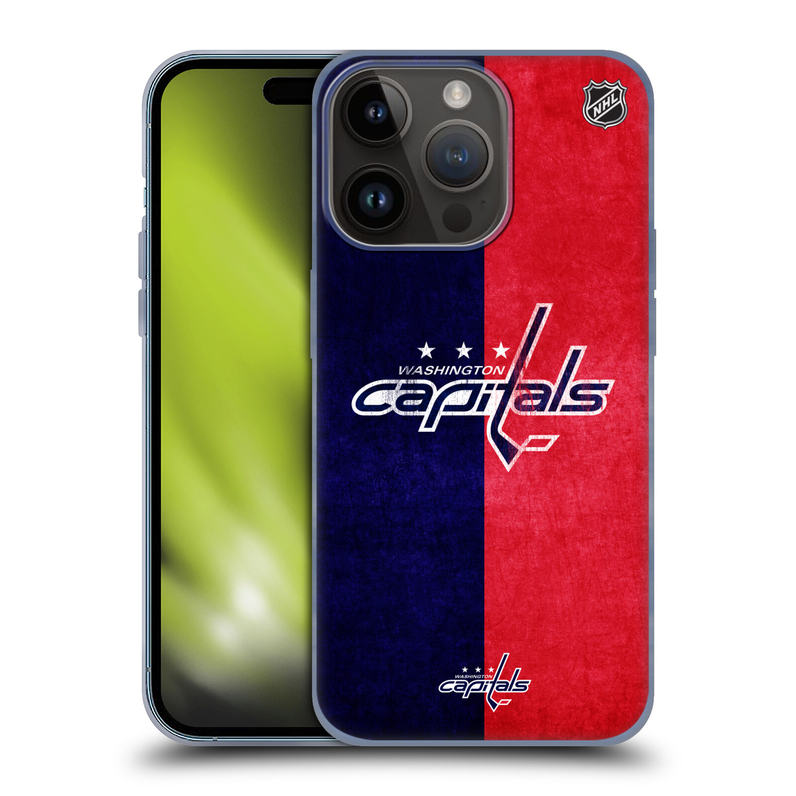 Silikonové lesklé pouzdro na mobil Apple iPhone 15 Pro - NHL - Půlené logo Washington Capitals (Silikonový lesklý kryt, obal, pouzdro na mobilní telefon Apple iPhone 15 Pro s licencovaným motivem NHL - Půlené logo Washington Capitals)