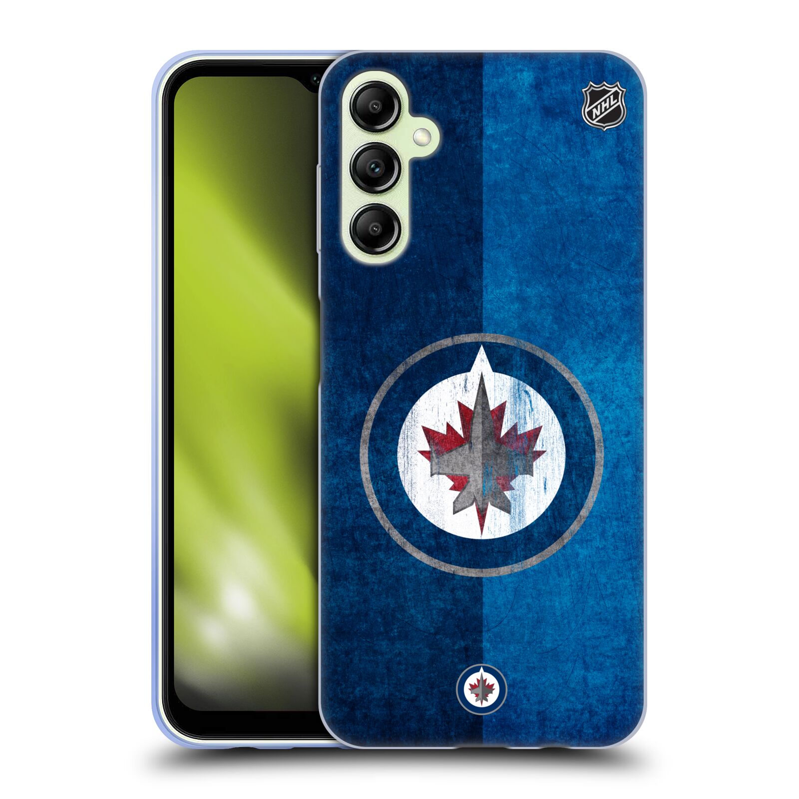 Silikonové pouzdro na mobil Samsung Galaxy A14 5G / LTE - NHL - Půlené logo Winnipeg Jets (Silikonový kryt, obal, pouzdro na mobilní telefon Samsung Galaxy A14 5G / LTE s licencovaným motivem NHL - Půlené logo Winnipeg Jets)