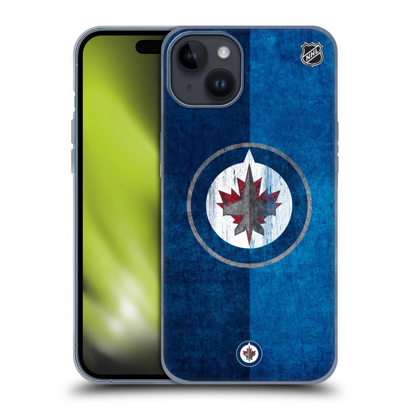 Silikonové lesklé pouzdro na mobil Apple iPhone 15 Plus - NHL - Půlené logo Winnipeg Jets (Silikonový lesklý kryt, obal, pouzdro na mobilní telefon Apple iPhone 15 Plus s licencovaným motivem NHL - Půlené logo Winnipeg Jets)