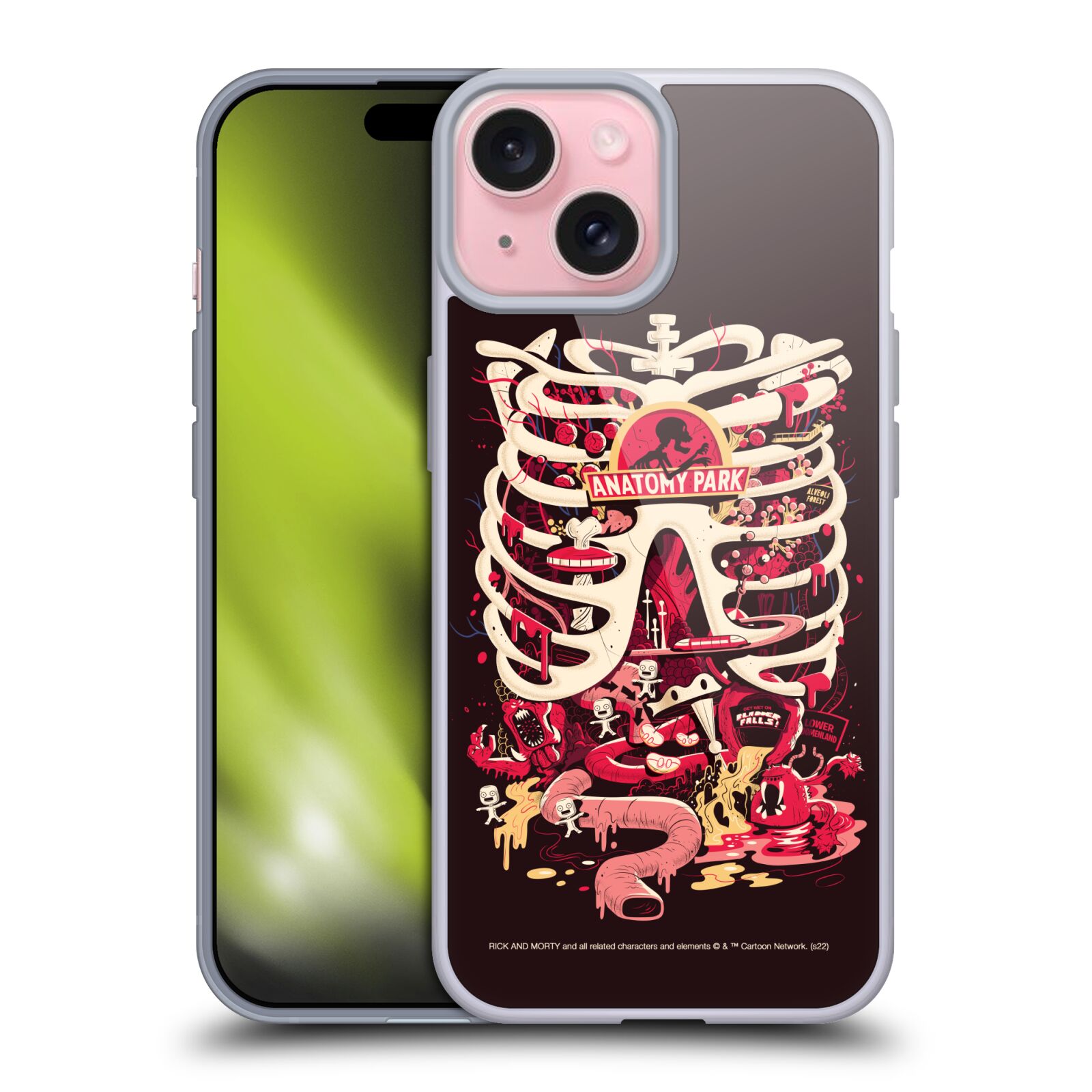 Silikonové lesklé pouzdro na mobil Apple iPhone 15 - Rick And Morty - Anatomy Park (Silikonový lesklý kryt, obal, pouzdro na mobilní telefon Apple iPhone 15 s licencovaným motivem Rick And Morty - Anatomy Park)