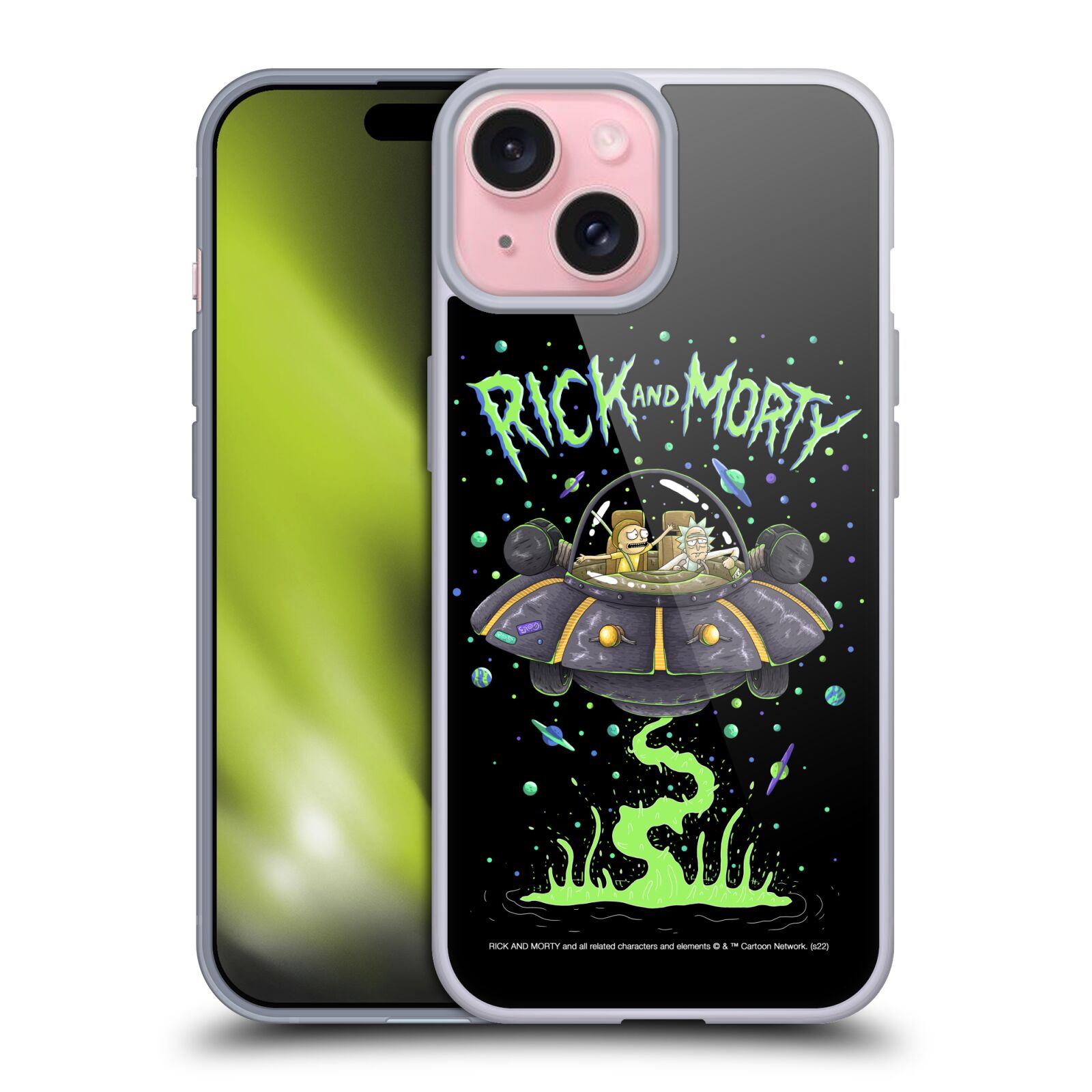 Silikonové lesklé pouzdro na mobil Apple iPhone 15 - Rick And Morty - Space Cruiser (Silikonový lesklý kryt, obal, pouzdro na mobilní telefon Apple iPhone 15 s licencovaným motivem Rick And Morty - Space Cruiser)