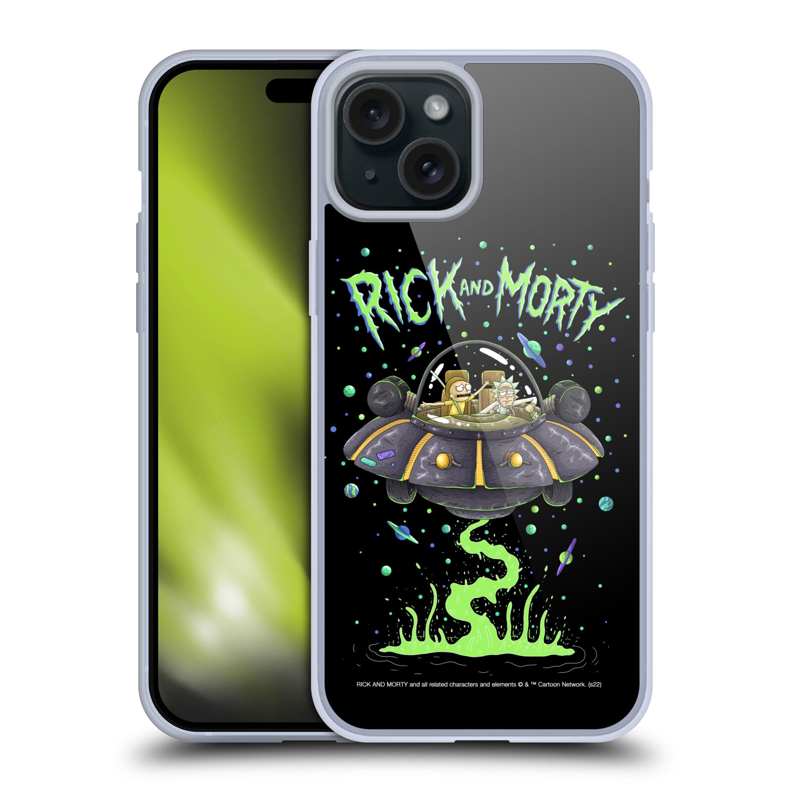 Silikonové lesklé pouzdro na mobil Apple iPhone 15 Plus - Rick And Morty - Space Cruiser (Silikonový lesklý kryt, obal, pouzdro na mobilní telefon Apple iPhone 15 Plus s licencovaným motivem Rick And Morty - Space Cruiser)