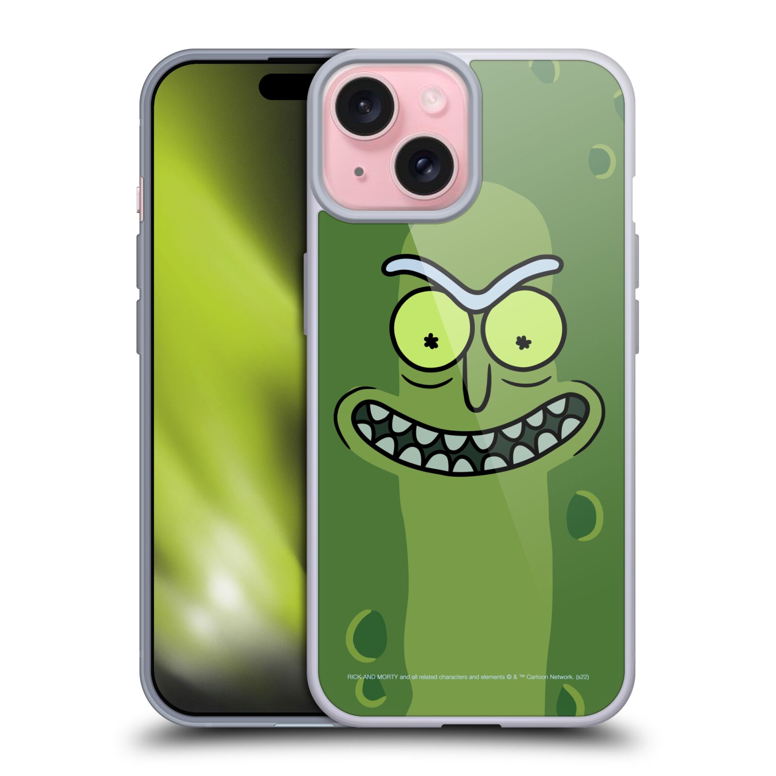 Silikonové lesklé pouzdro na mobil Apple iPhone 15 - Rick And Morty - Pickle Rick (Silikonový lesklý kryt, obal, pouzdro na mobilní telefon Apple iPhone 15 s licencovaným motivem Rick And Morty - Pickle Rick)