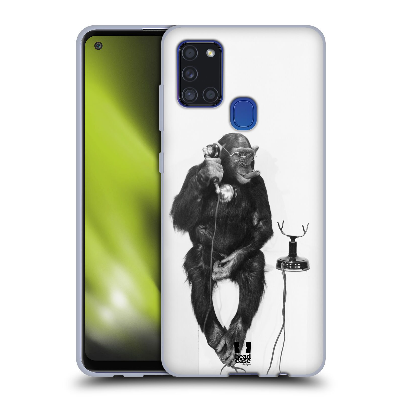 Silikonové pouzdro na mobil Samsung Galaxy A21s - Head Case - OPIČÁK S TELEFONEM (Silikonový kryt, obal, pouzdro na mobilní telefon Samsung Galaxy A21s SM-A217F s motivem OPIČÁK S TELEFONEM)